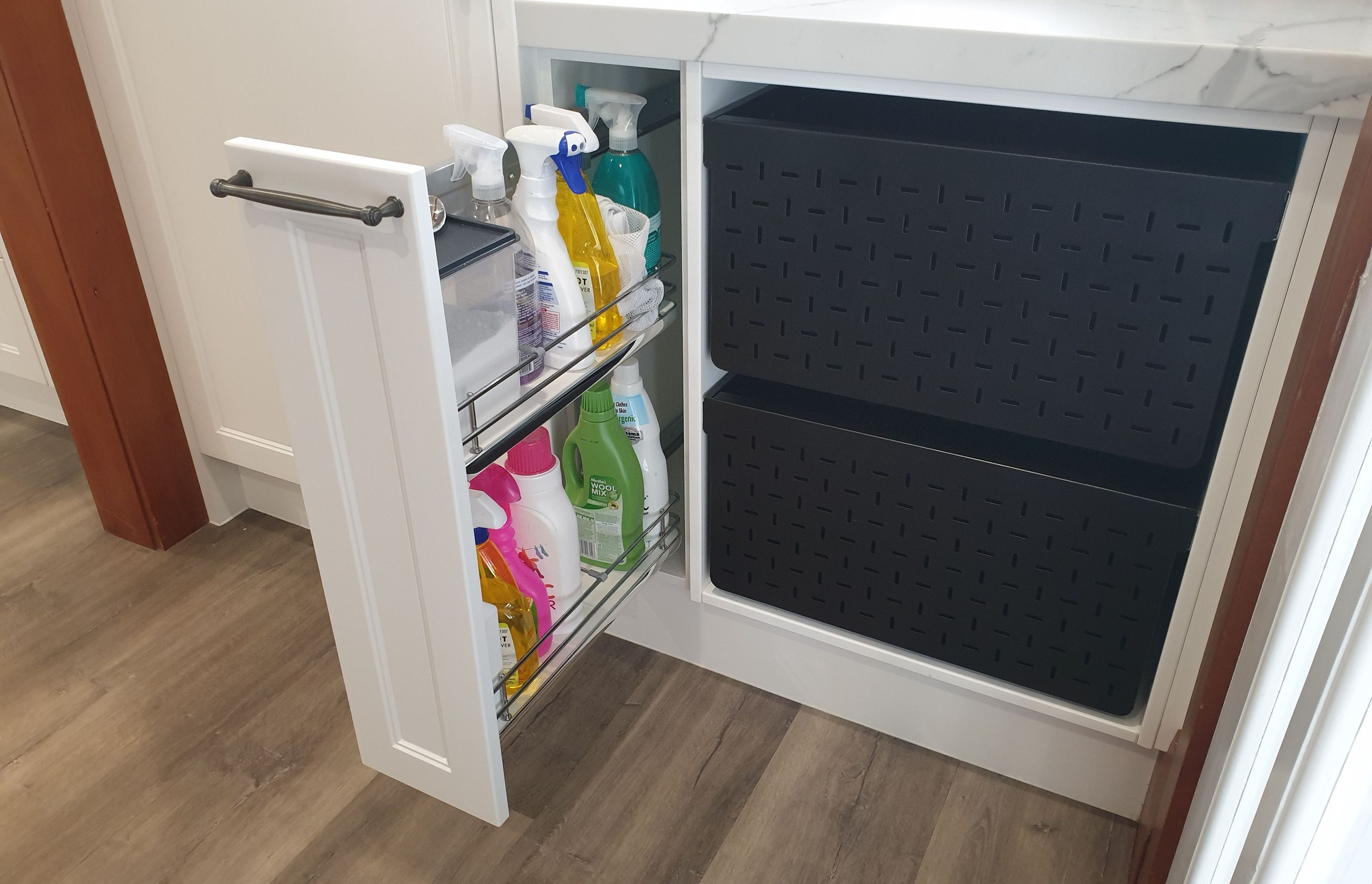 Giamo Soft Close Side Mounted Pull Out - Designed for the Kitchen - Employed to Great Effect Here for Cleaner Storage - for 150mm, 200mm and 300 mm Cabinets.
