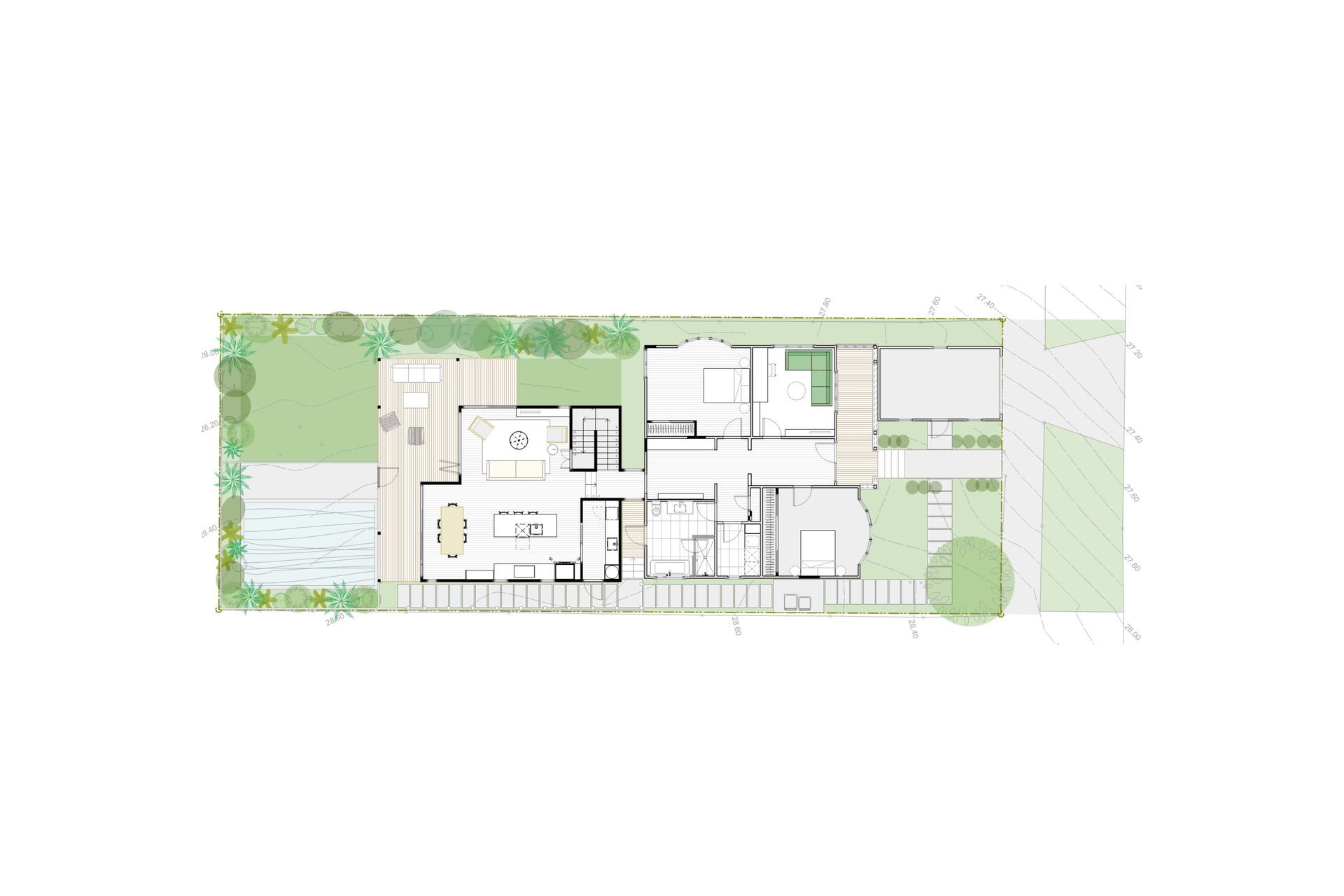 Architectural floor plan by Rogan Nash Architects illustrating the carefully considered layout of You Had Me at Hello a Westmere bungalow renovation. The plan demonstrates the relationship between the open-plan living spaces, private accommodation and outdoor entertaining areas, creating a contemporary family home that balances functionality, natural light and a strong connection to the landscape.