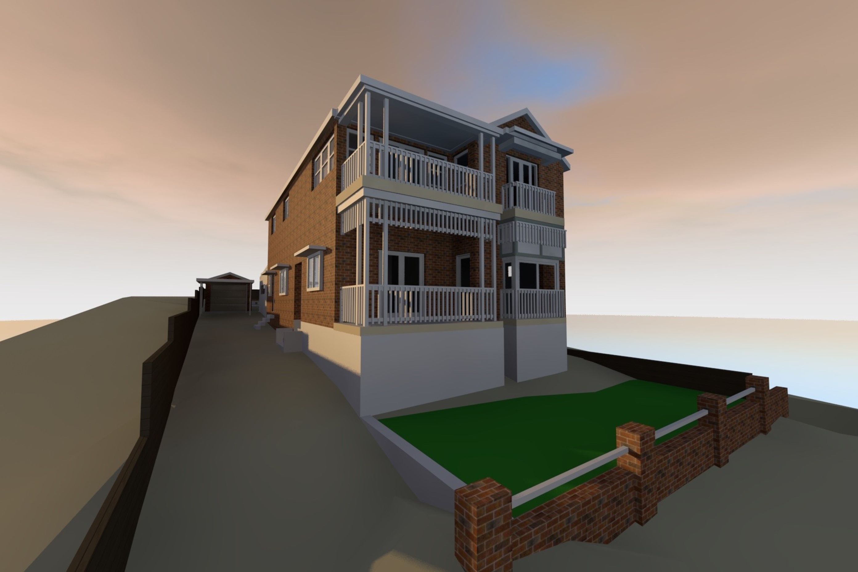Existing front elevation with low handrails, very unsafe, low doors, useless min balcony, and unsettling proportions. When they ran out of ideas that just added more sticks of timber.