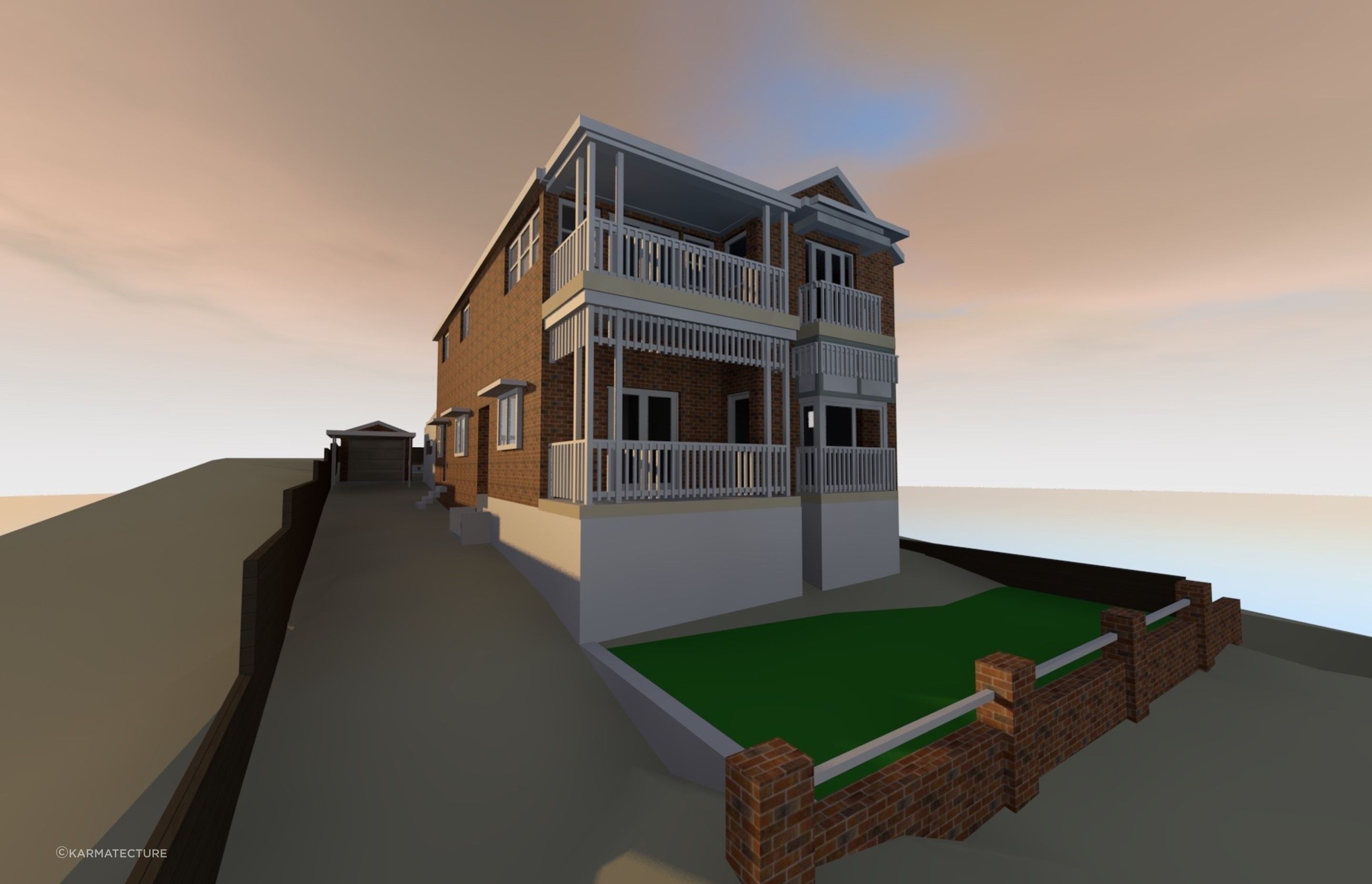 Existing front elevation with low handrails, very unsafe, low doors, useless min balcony, and unsettling proportions. When they ran out of ideas that just added more sticks of timber.