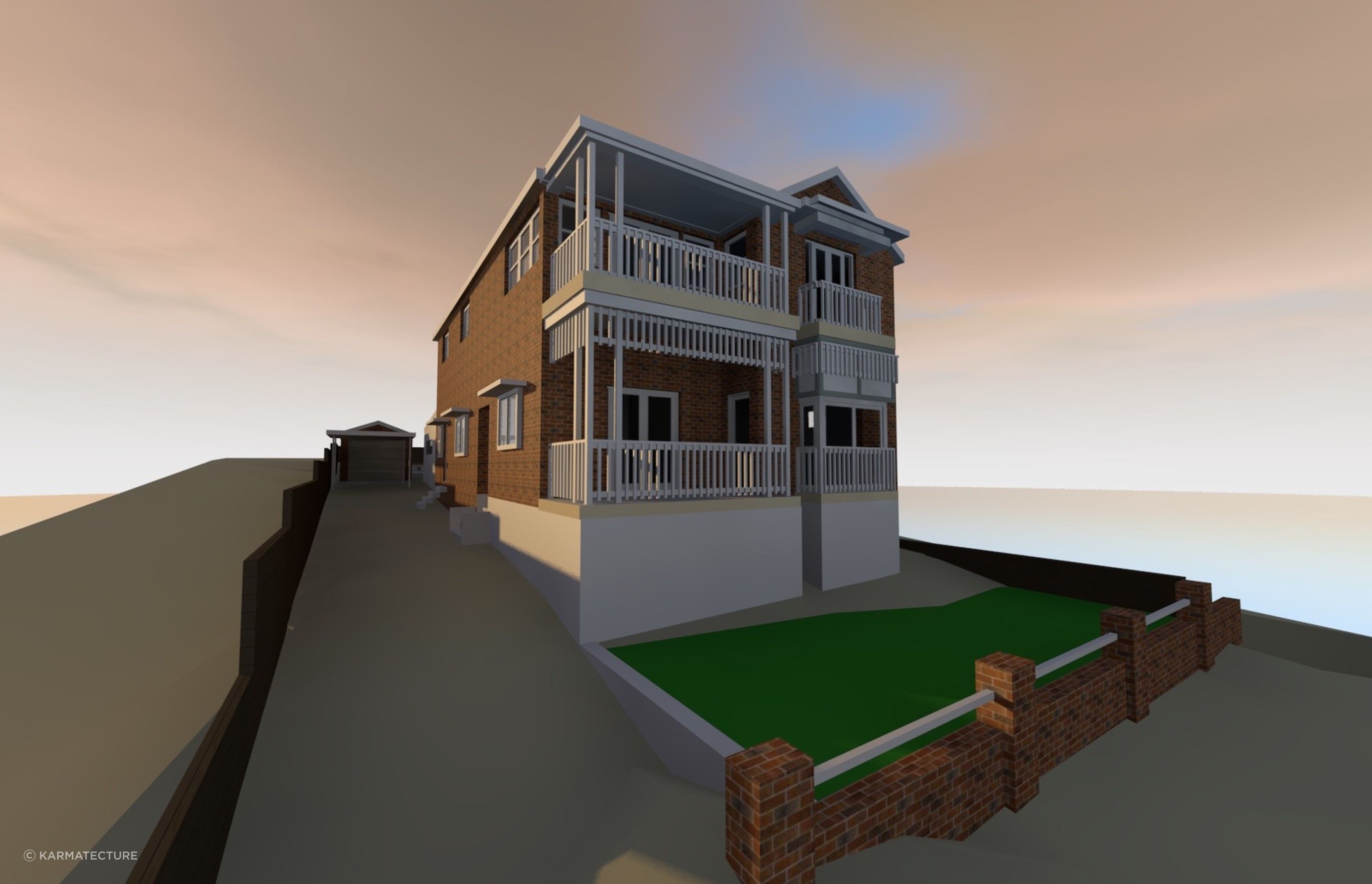 Existing front elevation with low handrails, very unsafe, low doors, useless min balcony, and unsettling proportions. When they ran out of ideas that just added more sticks of timber.