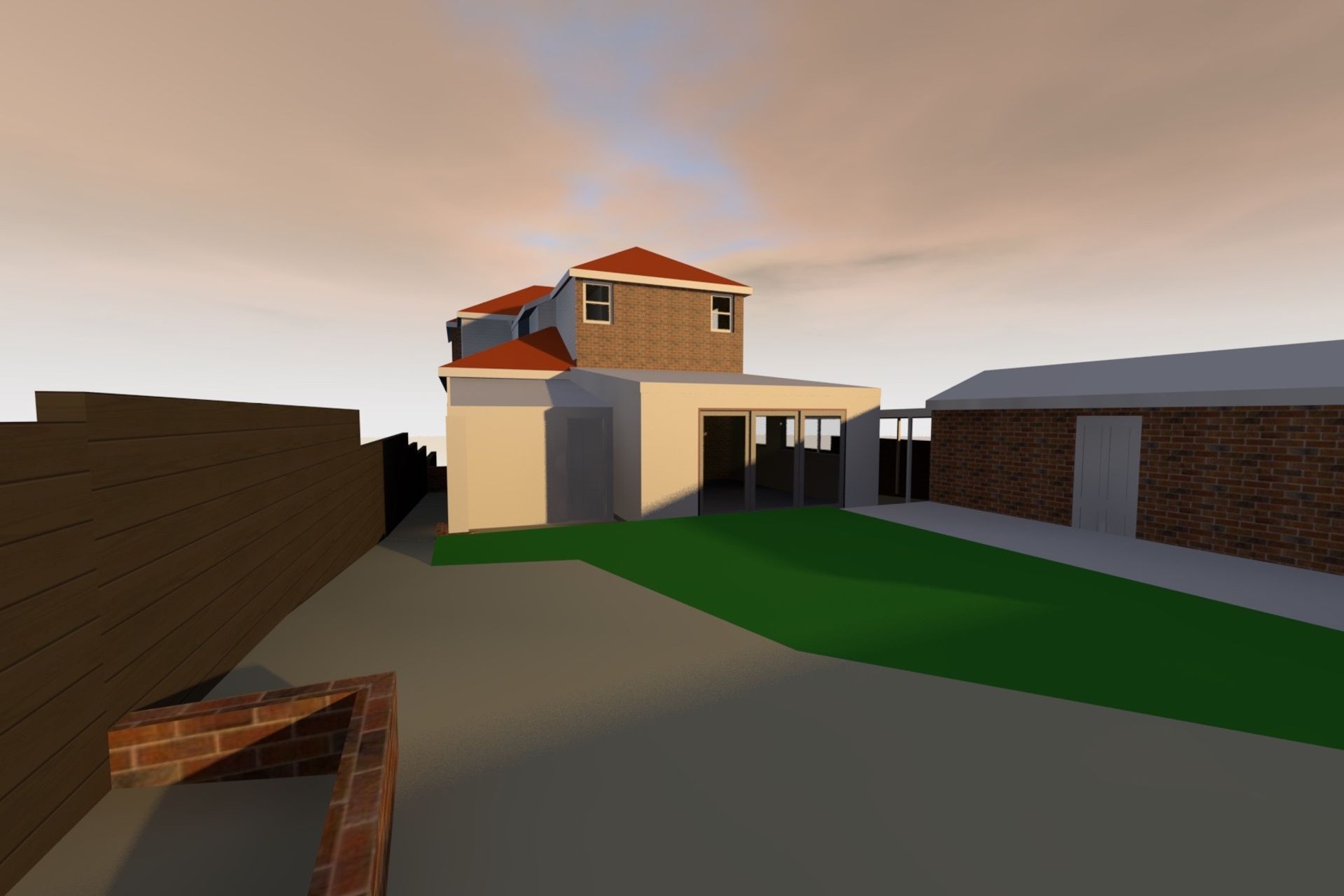 Existing garden with outbuildings and low roofed addition. This faces due north, is uninsulated and has no external shading