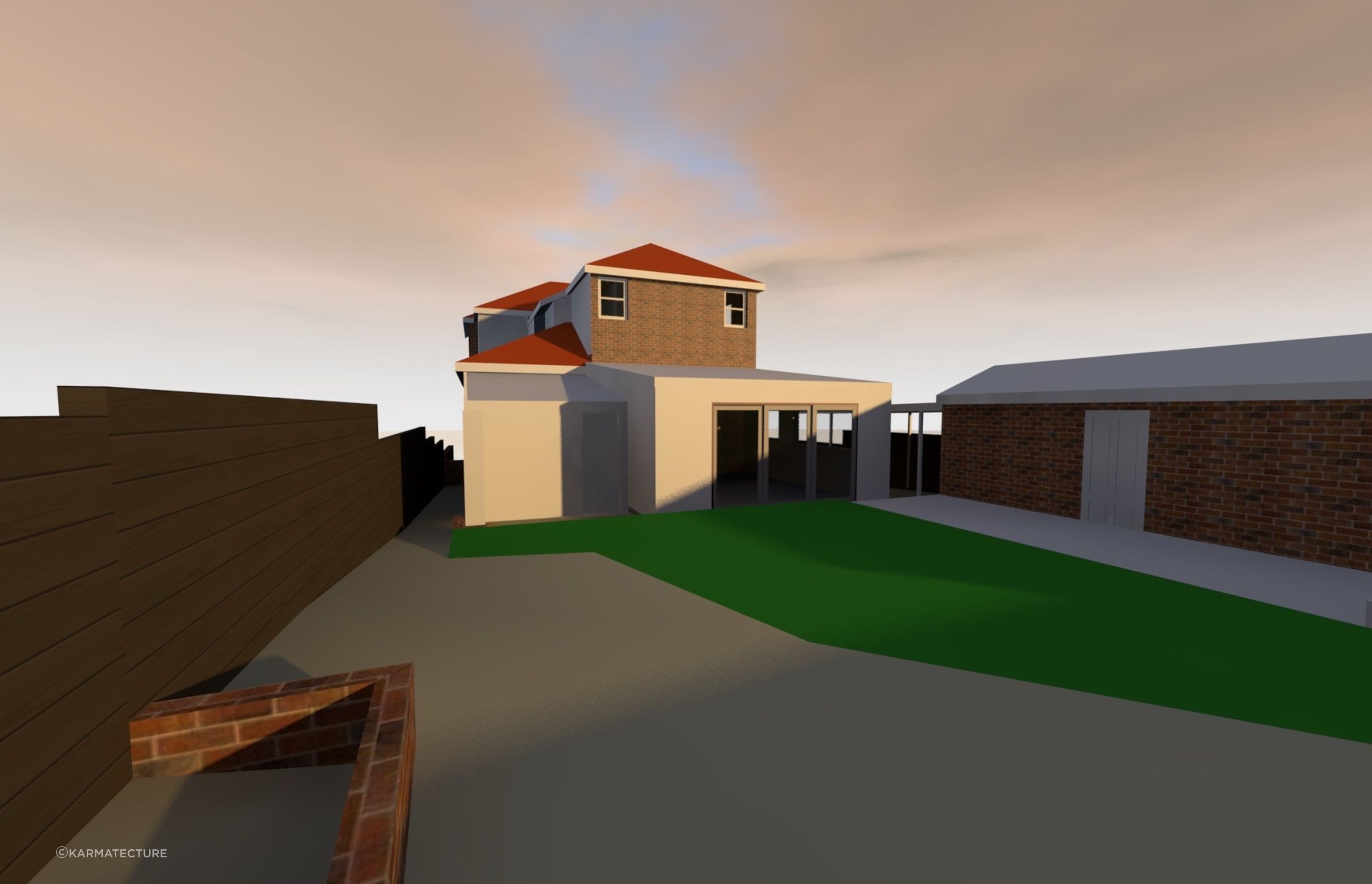 Existing garden with outbuildings and low roofed addition. This faces due north, is uninsulated and has no external shading