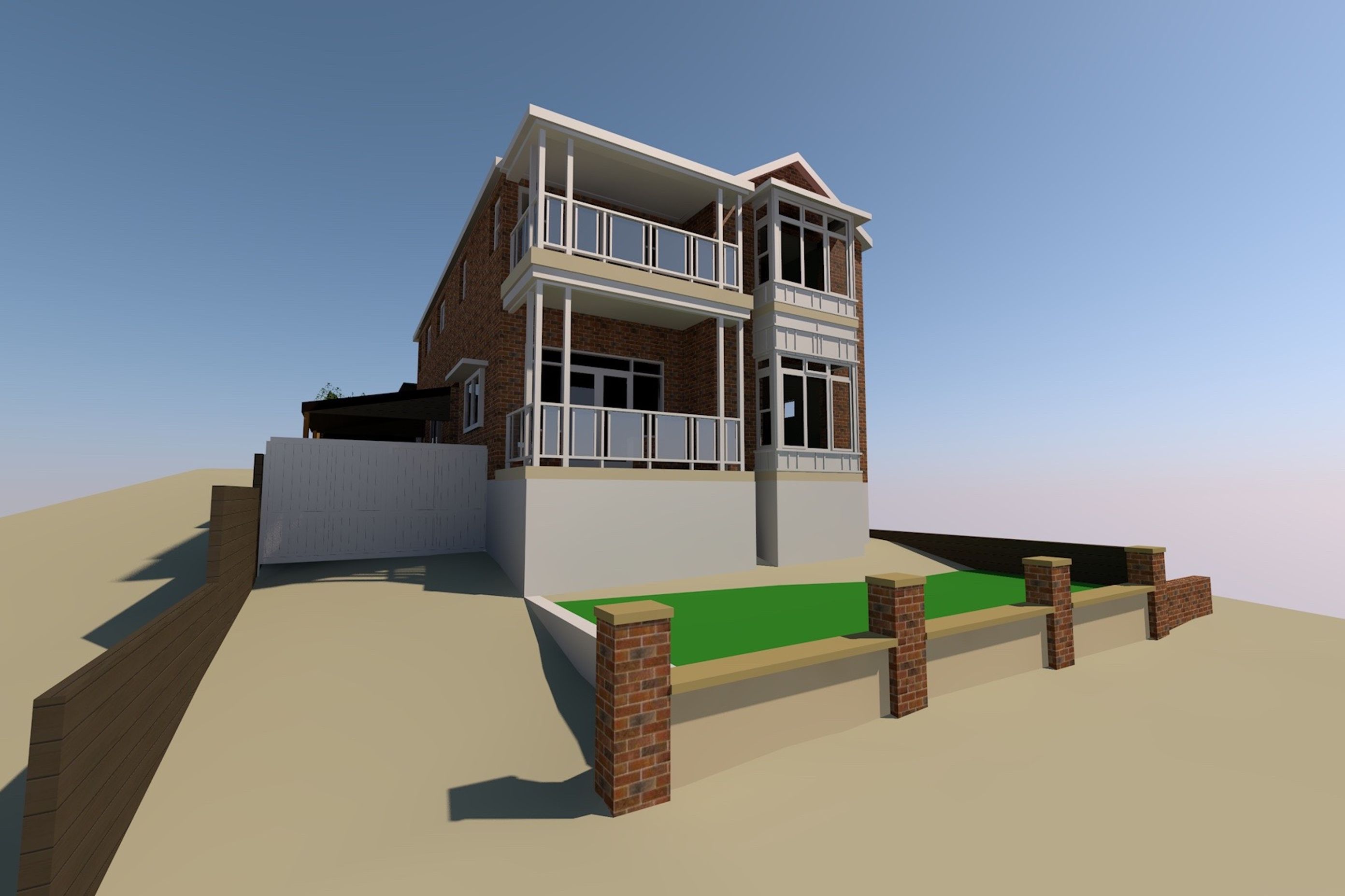 New balcony works include new, safer handrail detail and taller doors with new sidelights.Uncomfortable projections on ground and first floor have been transformed into bay windows to embrace the water and park views. No shading is required as they face due south. Modified front fence with sandstone capping and rubble render.