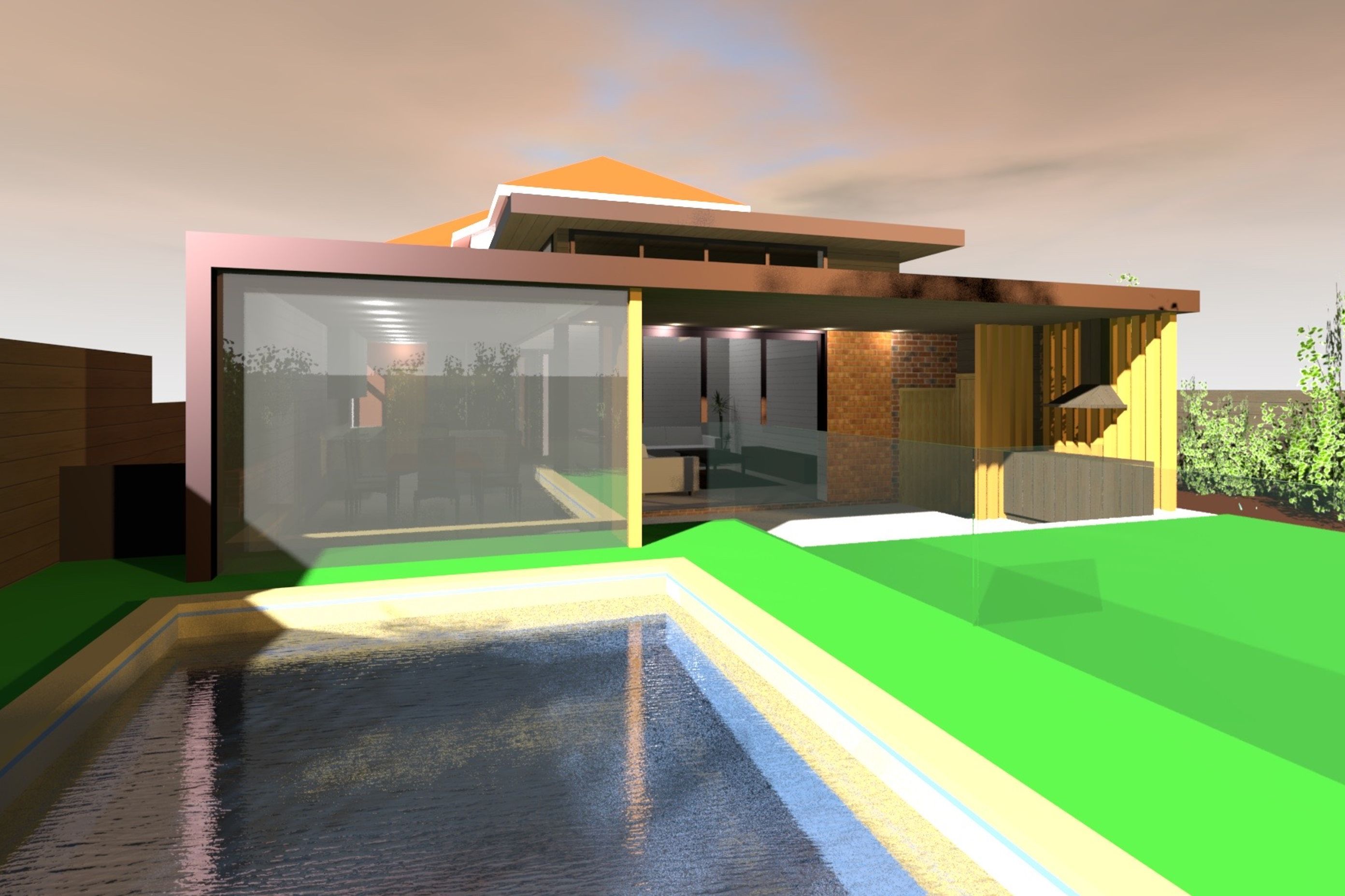Pool adjoins dining area. This will be shaded with a fixed mesh screen to provide safety to the glass of the dining and also external window shading