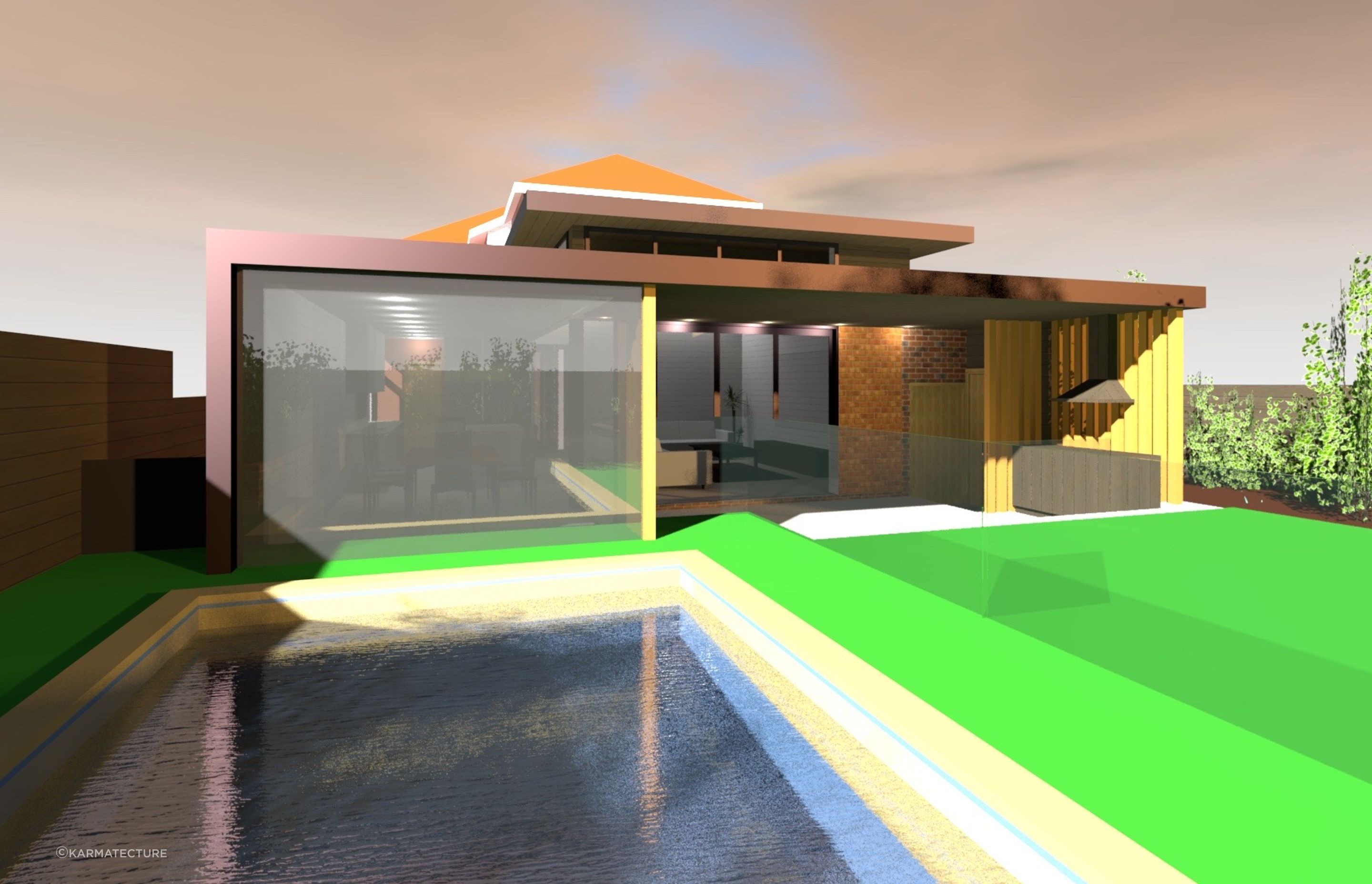 Pool adjoins dining area. This will be shaded with a fixed mesh screen to provide safety to the glass of the dining and also external window shading