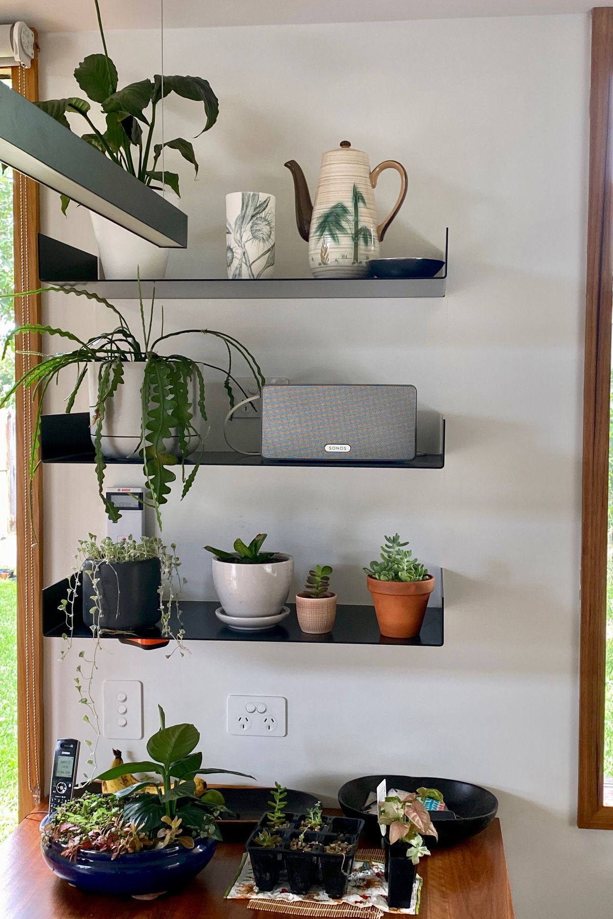 Custom designed display shelves in the kitchen feature favorite ceramics and plants