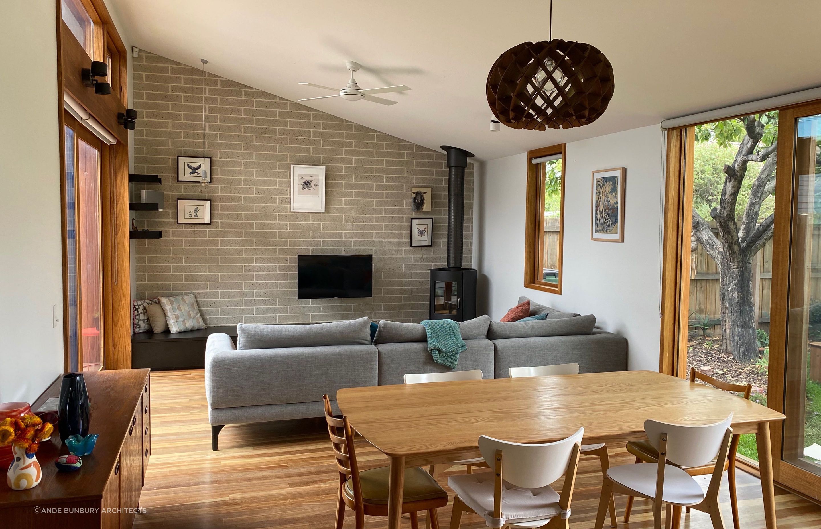 The new living/dining area has good connection to two garden areas