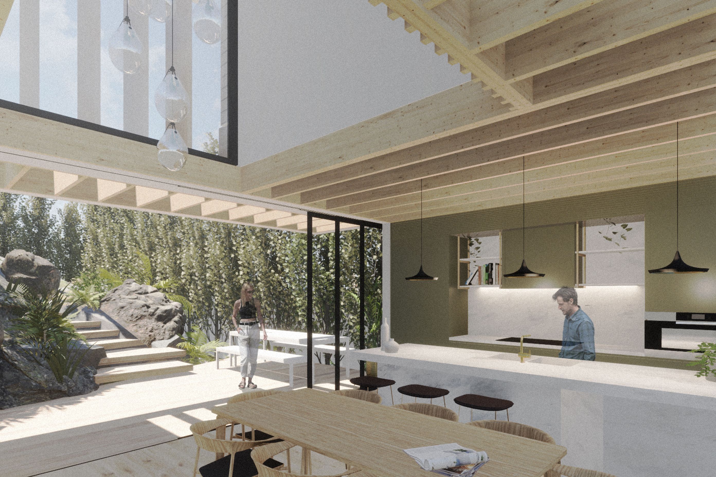 A lofty double height space within the kitchen creates lightness and volume.