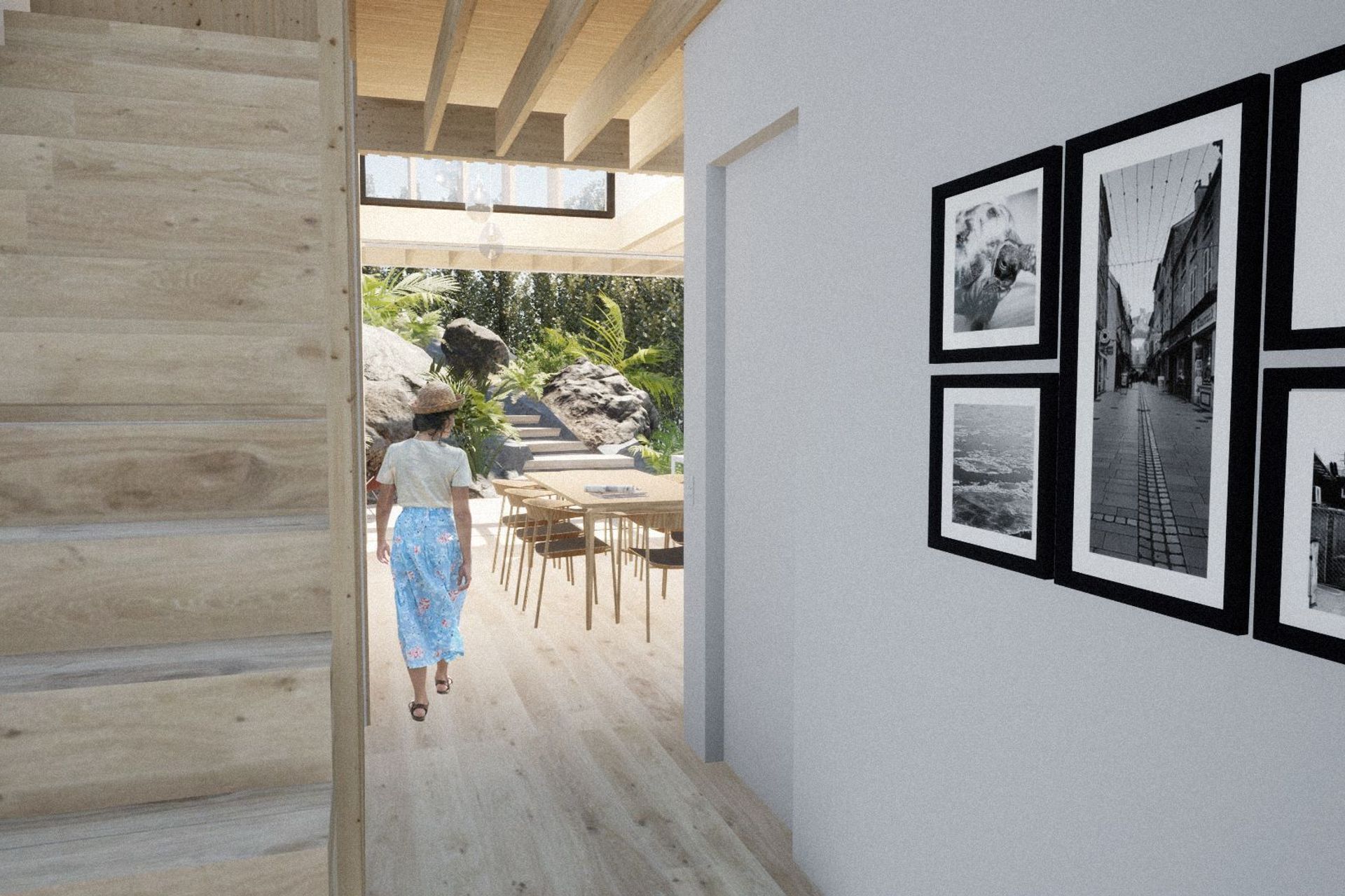View from the central hallway provides a glimpse to the outdoors beyond.