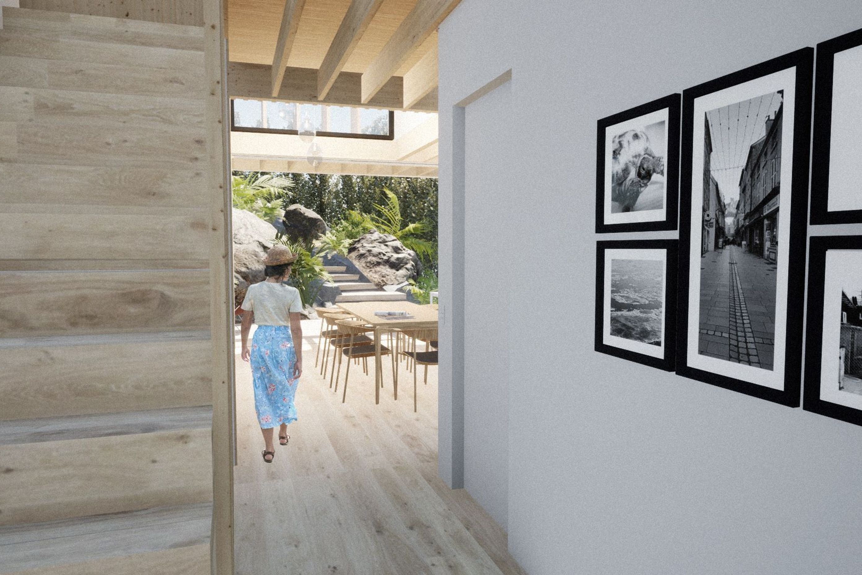 View from the central hallway provides a glimpse to the outdoors beyond.