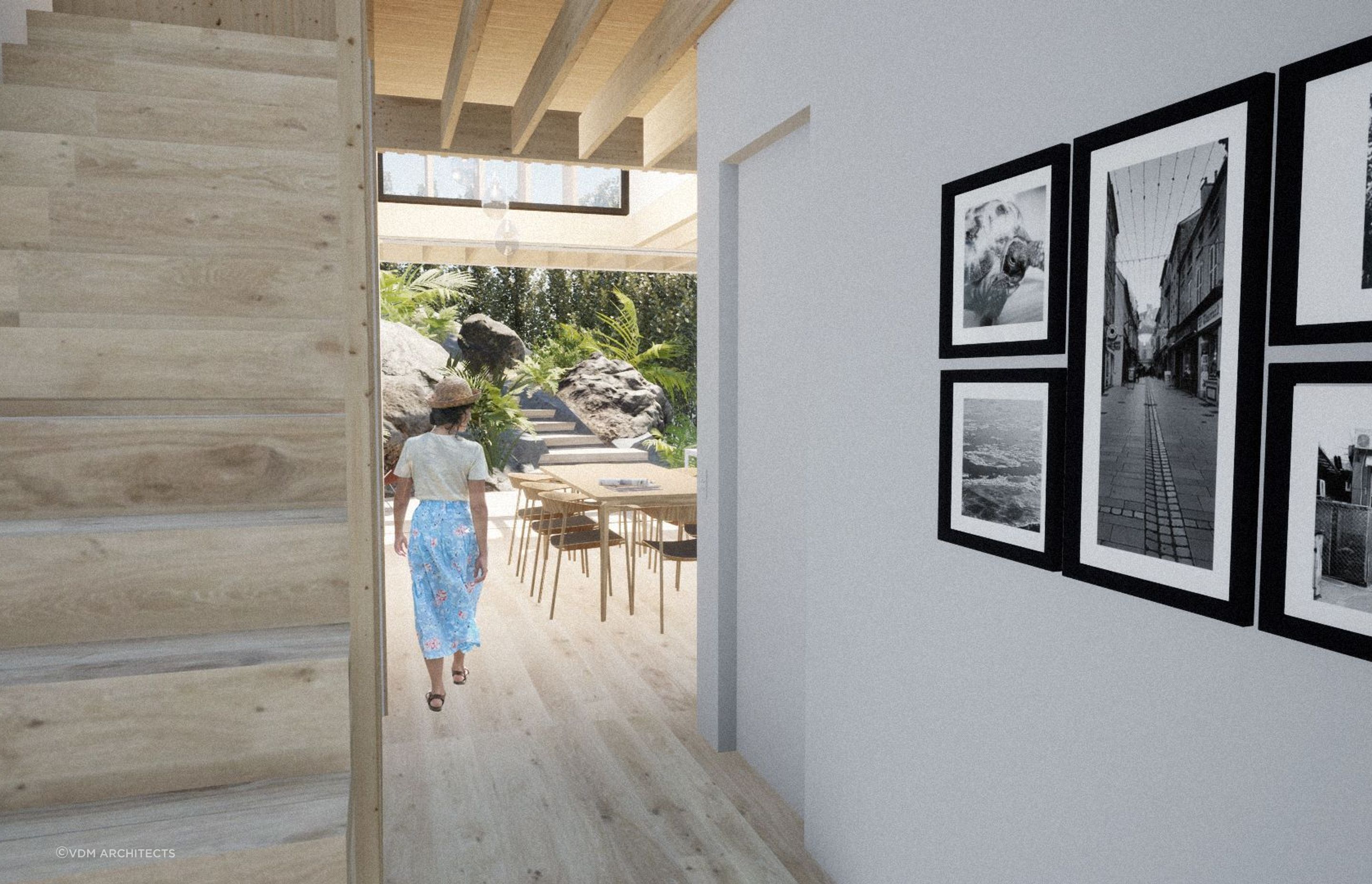 View from the central hallway provides a glimpse to the outdoors beyond.