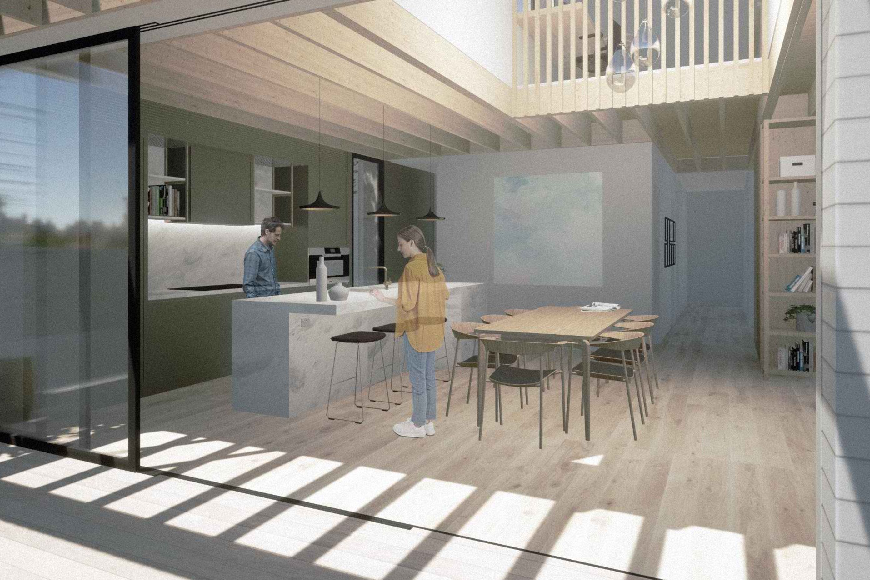 A beautiful and spacious new kitchen offers excellent functionality. The palette of materials complements the extensive use of timber used throughout the home.