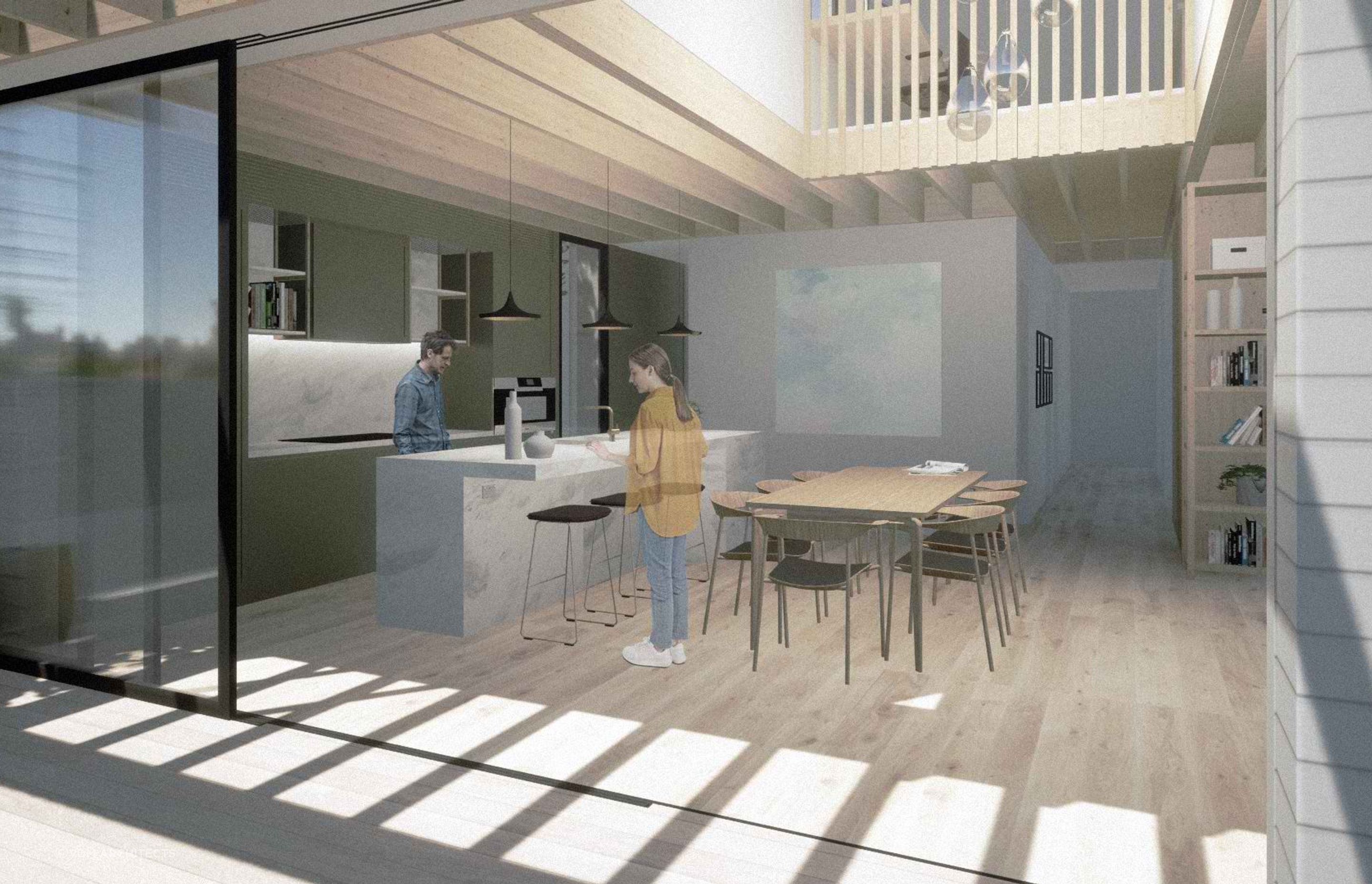 A beautiful and spacious new kitchen offers excellent functionality. The palette of materials complements the extensive use of timber used throughout the home.
