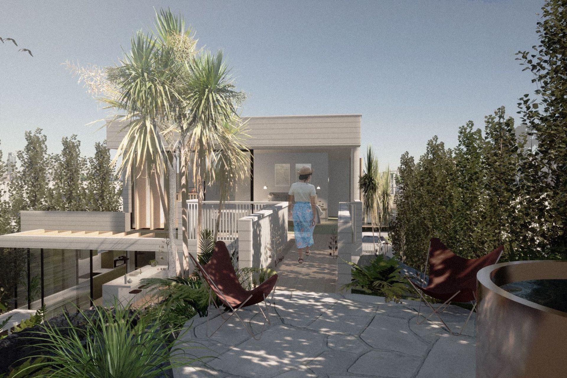 A new bridge connects the first floor bedroom to the upper rear garden.