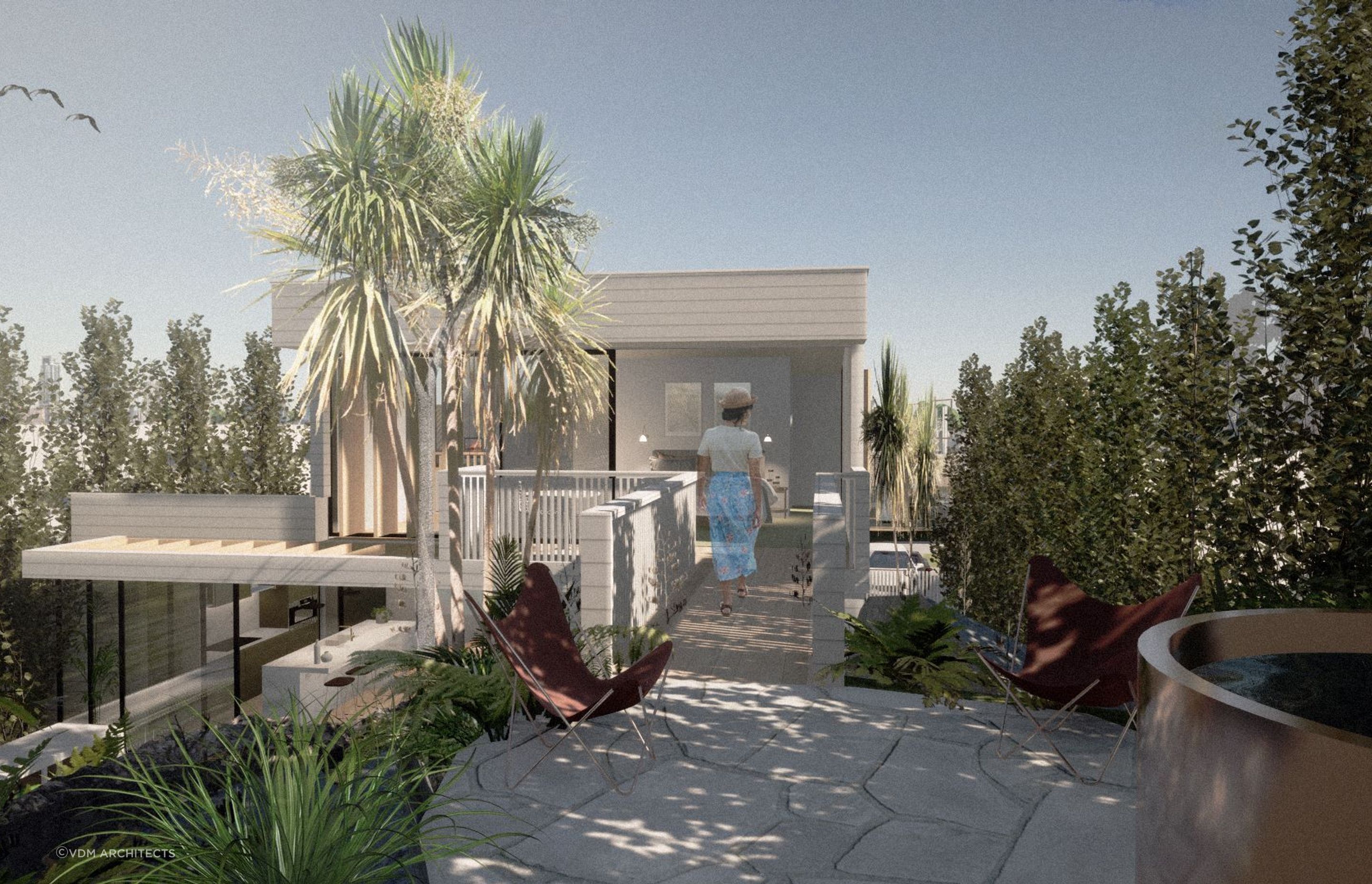 A new bridge connects the first floor bedroom to the upper rear garden.