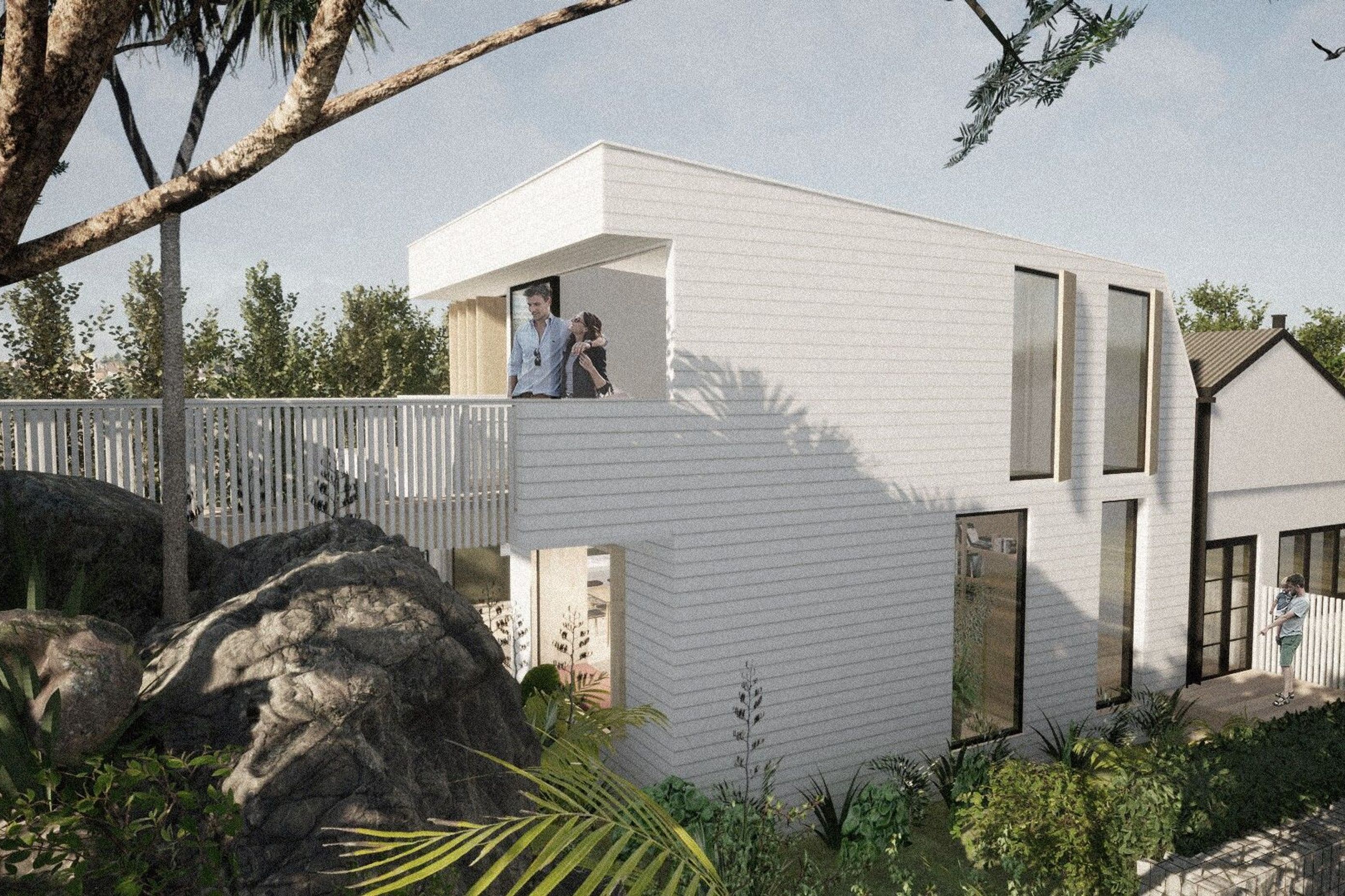 The exterior is a contemporary take on the traditional weatherboard home.