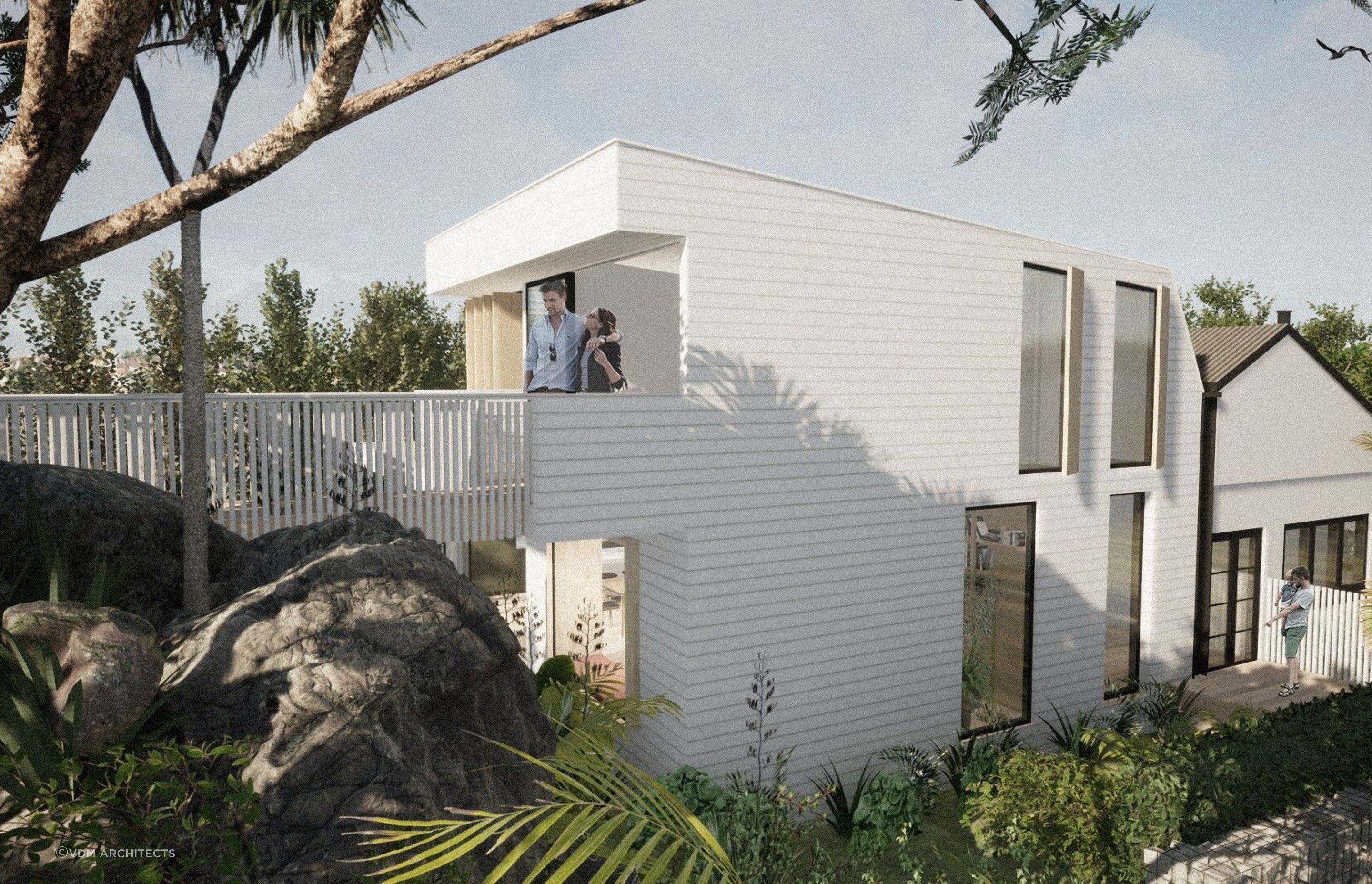 The exterior is a contemporary take on the traditional weatherboard home.