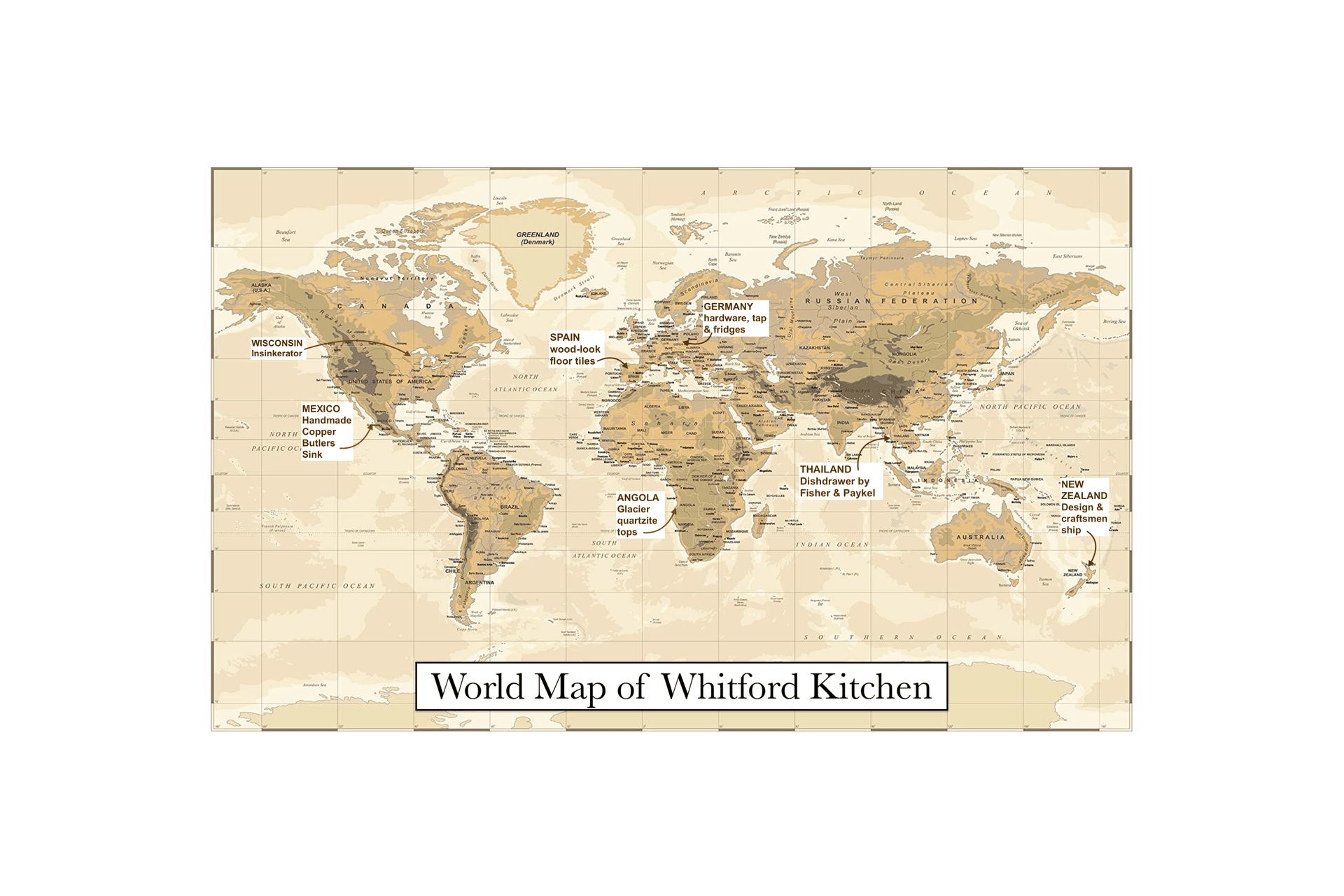 A bit of fun!  Awaiting the import of the copper sink from Mexico, I realised materials and products within the kitchen were from most continents!