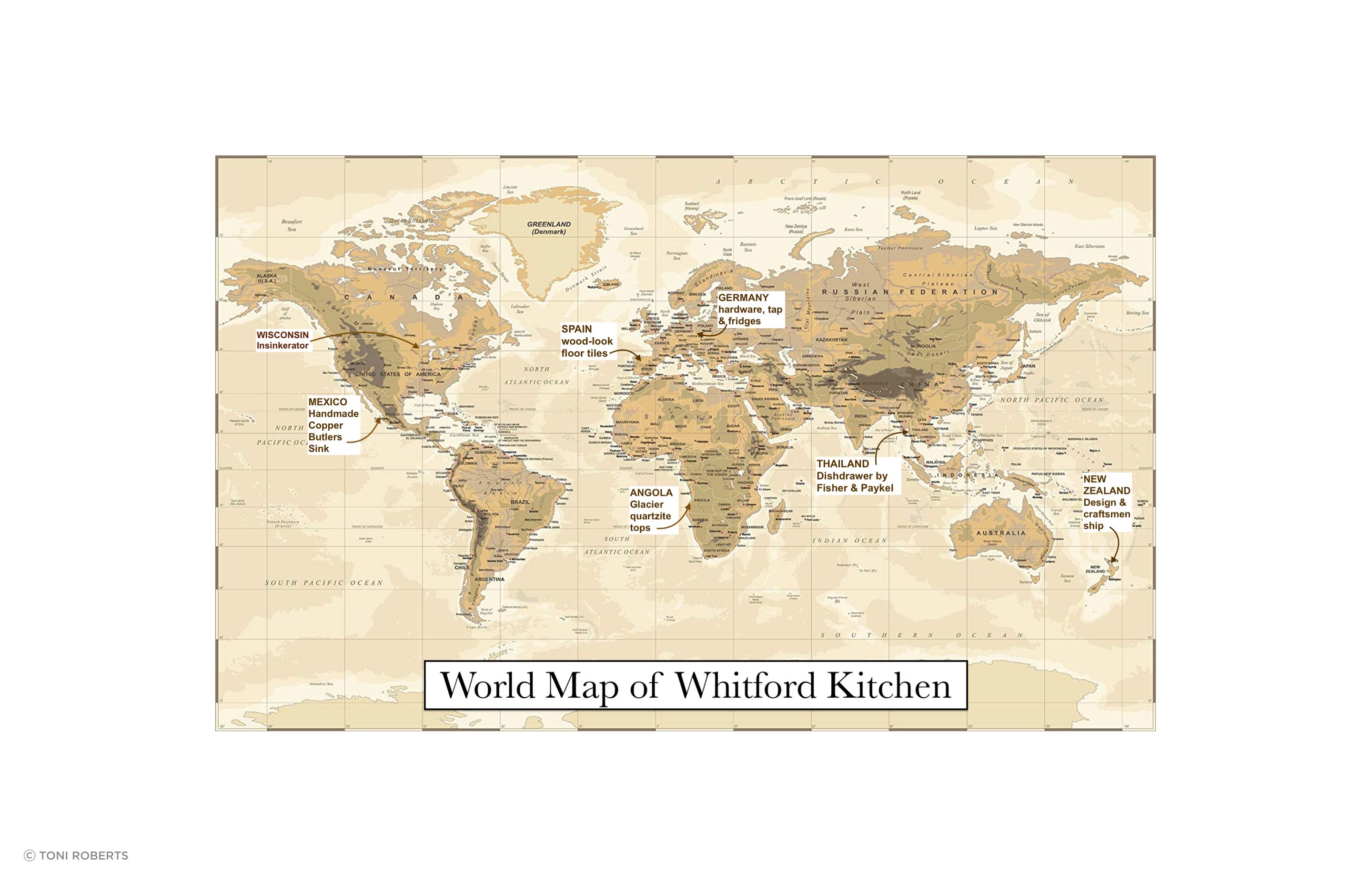 A bit of fun!  Awaiting the import of the copper sink from Mexico, I realised materials and products within the kitchen were from most continents!