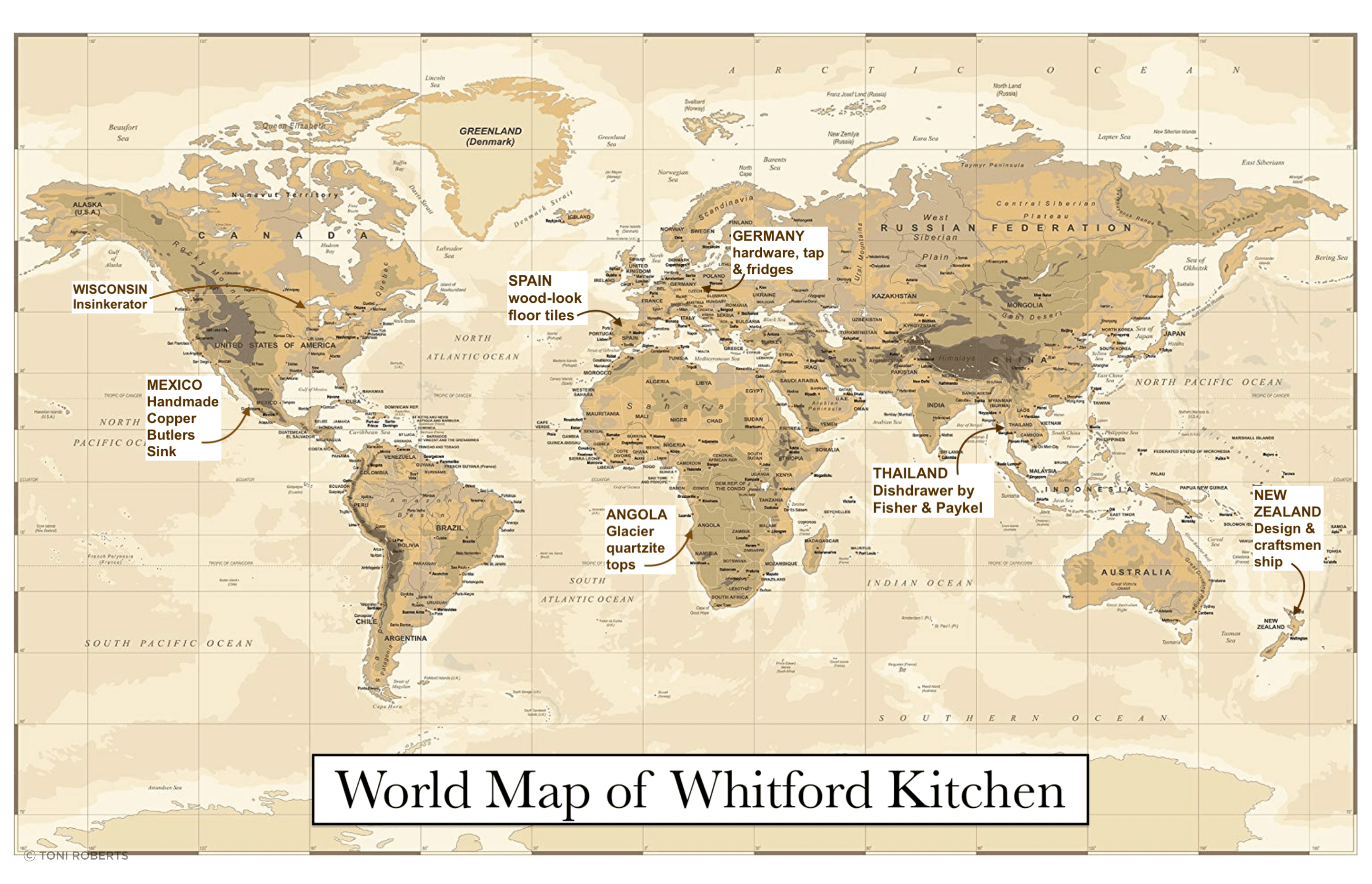A bit of fun!  Awaiting the import of the copper sink from Mexico, I realised materials and products within the kitchen were from most continents!