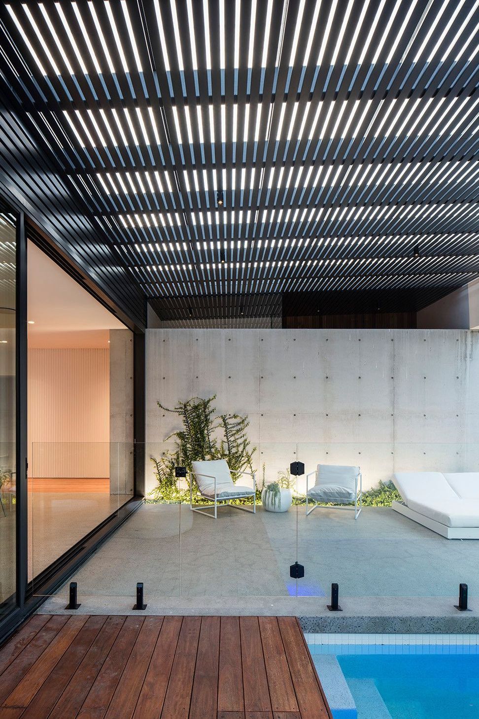 Morrison Residence - Patio. Pergola covered outdoor room opening to the pool.