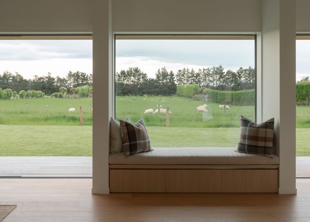 A calm, minimalist interior featuring a built-in timber window seat with cushions beneath expansive floor-to-ceiling glazing. The view opens onto a green rural landscape with sheep, hedges, and trees. Pale walls, warm timber flooring, and simple white-framed glazing create a bright, understated setting.