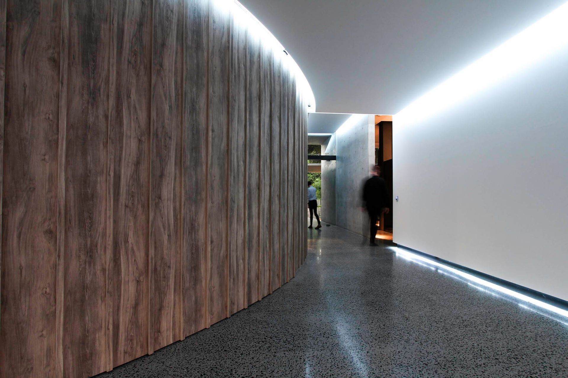 McGovern Residence - Hall. Curved timber wall with concealed lighting.