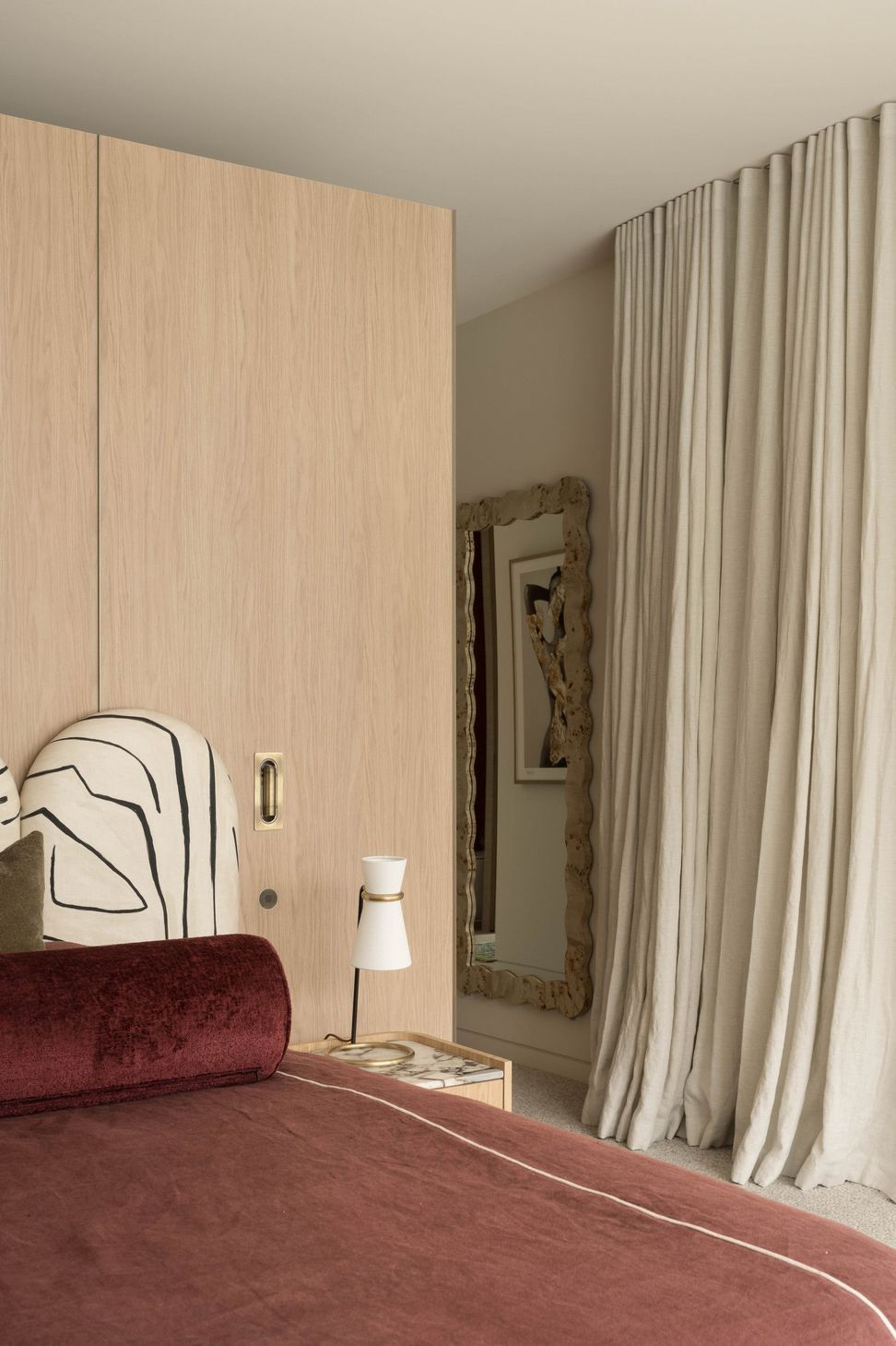 Henderson - Living Room. Timber joinery, artwork and sheer curtains along the hall.