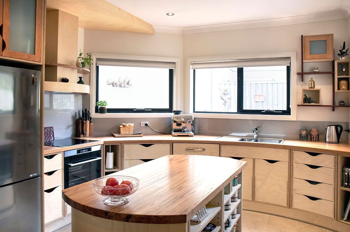 Plywood and Recycled Timber Curved Kitchen
