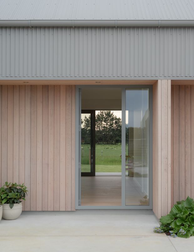 Straight-on exterior view of a contemporary residential entrance, featuring pale vertical timber cladding, a grey corrugated metal roof and fascia, and a glazed aluminium-framed hinged door. The open doorway reveals a simple interior and a green rural landscape beyond. Concrete paving and planted pots border the entrance.