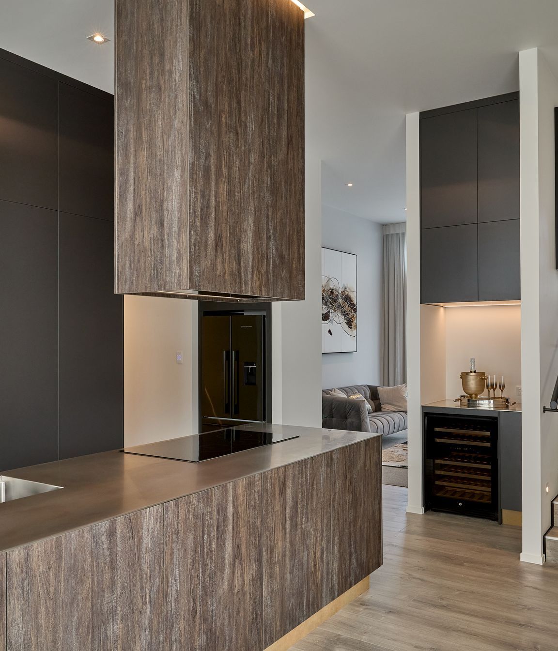 Bestwood Melamine Blackened Teak, Carbon and Alchemy. Design by Isla Ross, Interior Fittings Ltd