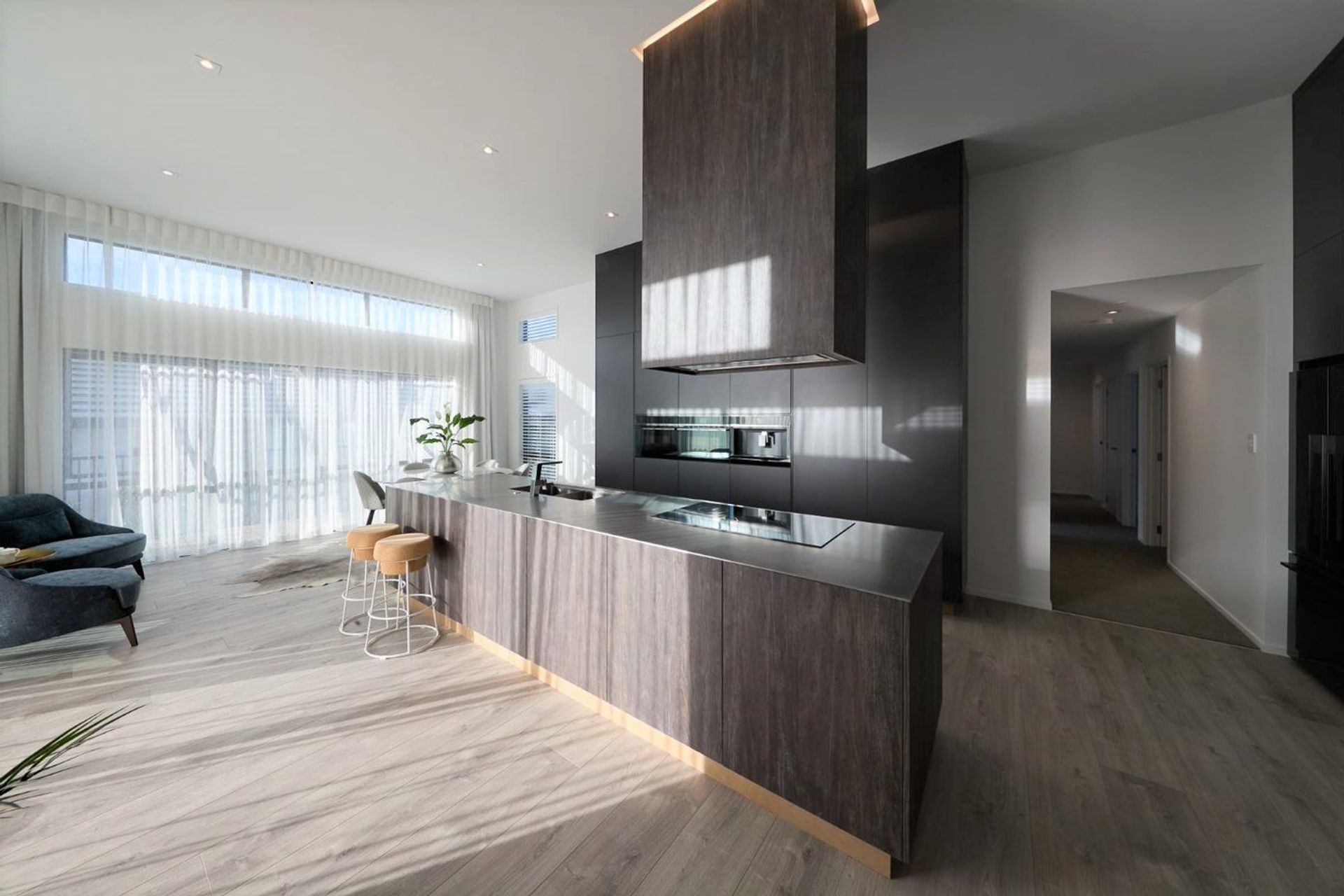 Bestwood Melamine Blackened Teak, Carbon and Alchemy. Design by Isla Ross, Interior Fittings Ltd