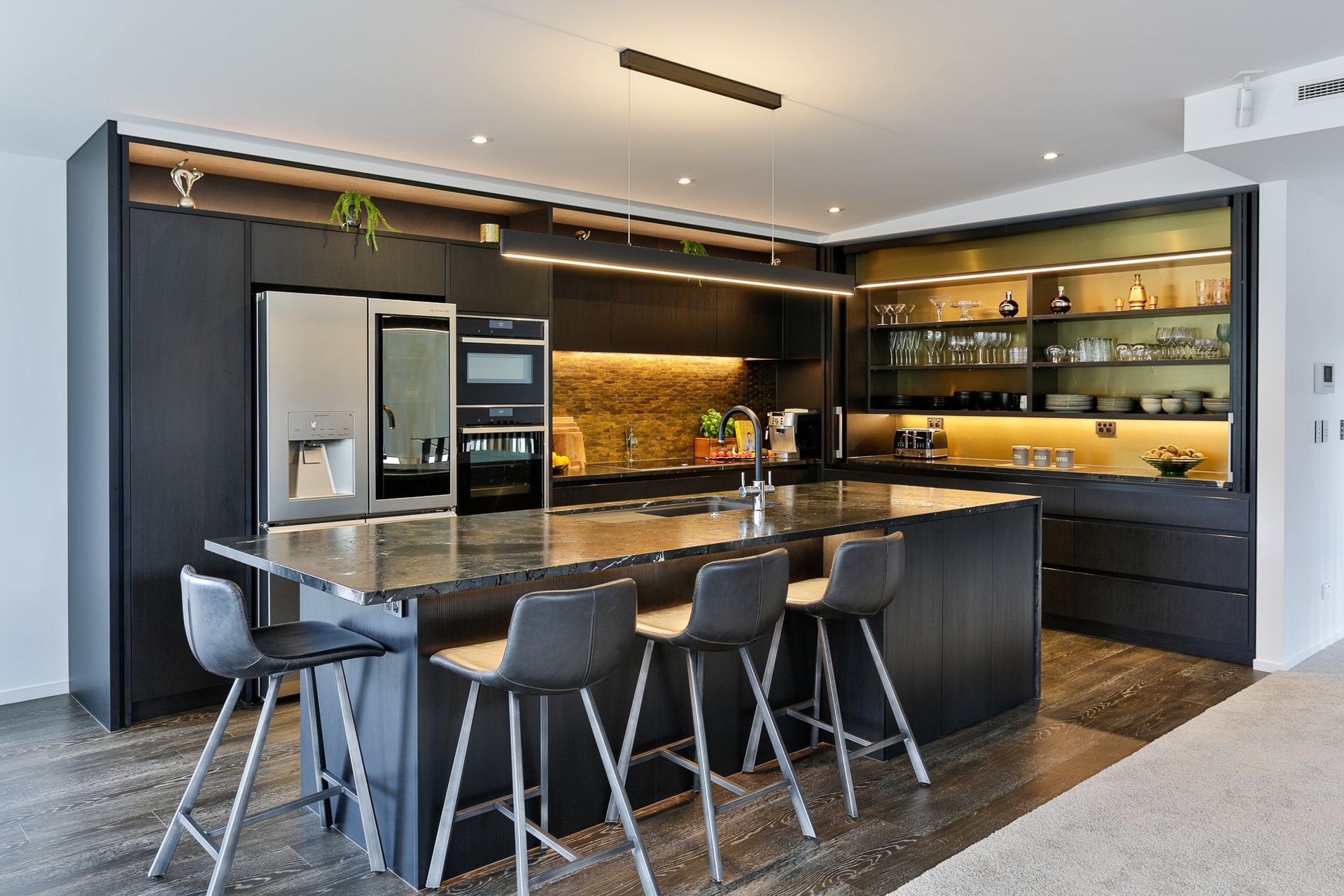 Bestwood Melamine, Black Wilderness. Design by Carly Mohan-Druce, Mastercraft Kitchens Whangamata.