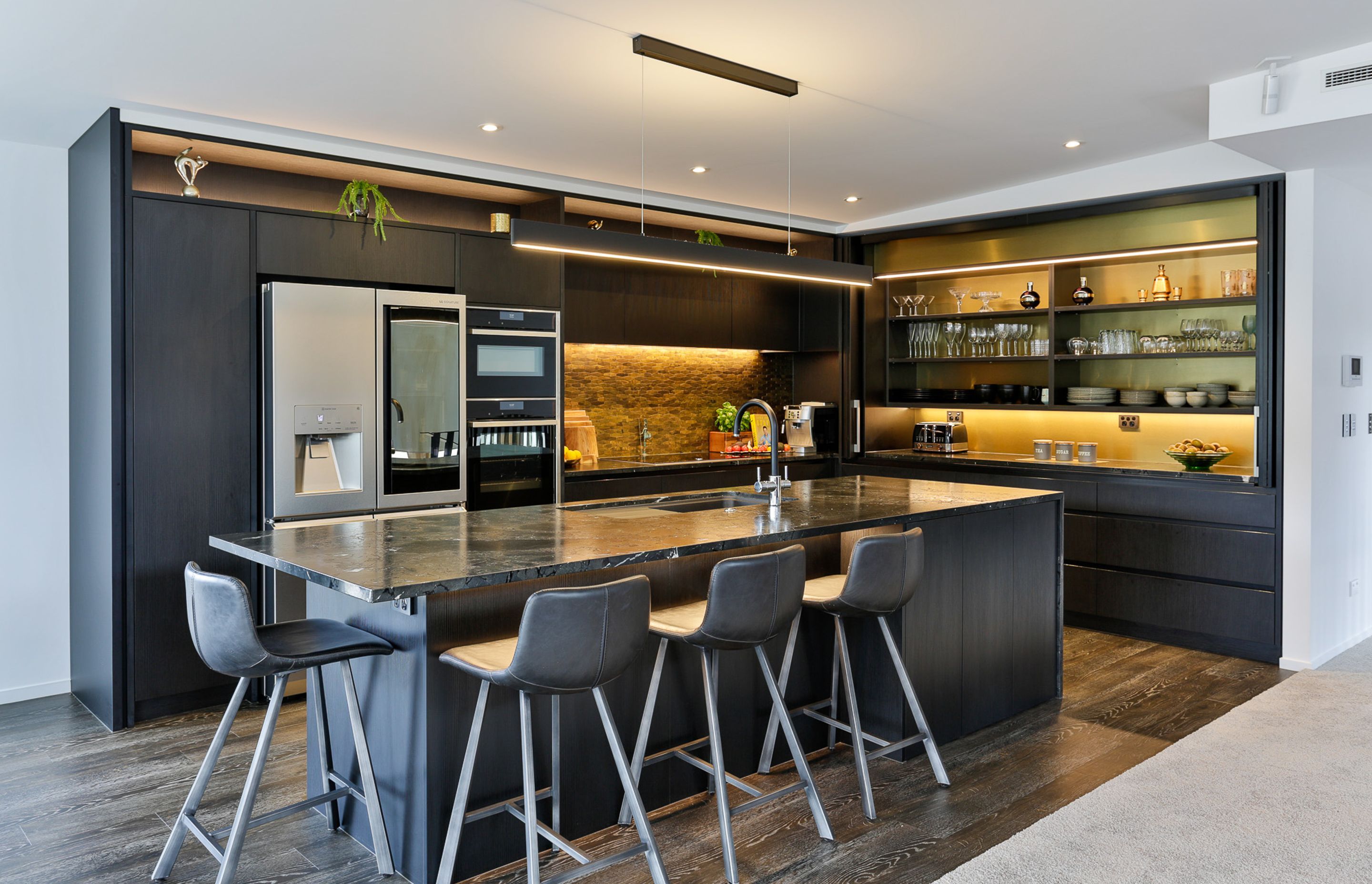 Bestwood Melamine, Black Wilderness. Design by Carly Mohan-Druce, Mastercraft Kitchens Whangamata.