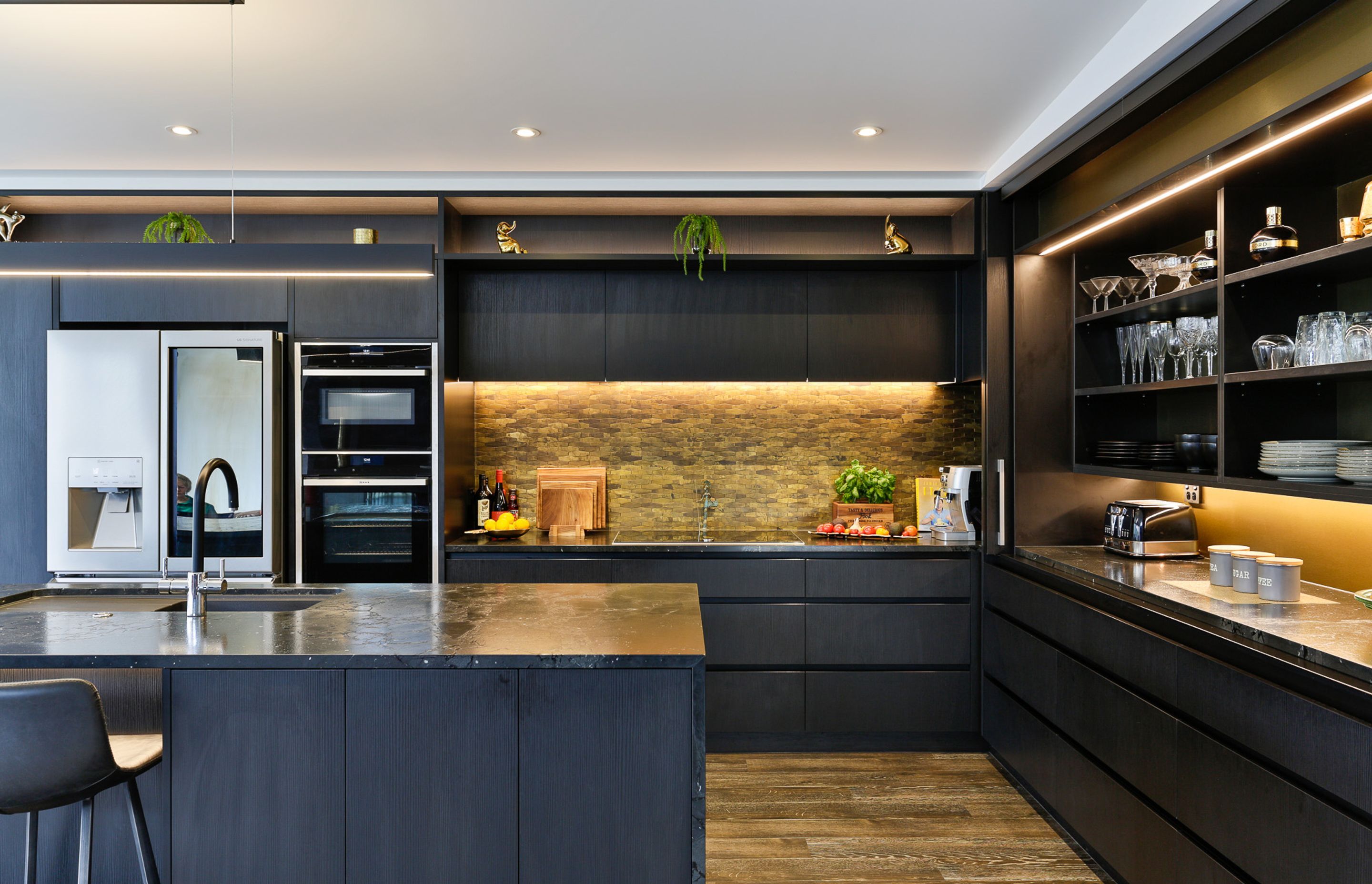 Bestwood Melamine, Black Wilderness. Design by Carly Mohan-Druce, Mastercraft Kitchens Whangamata.