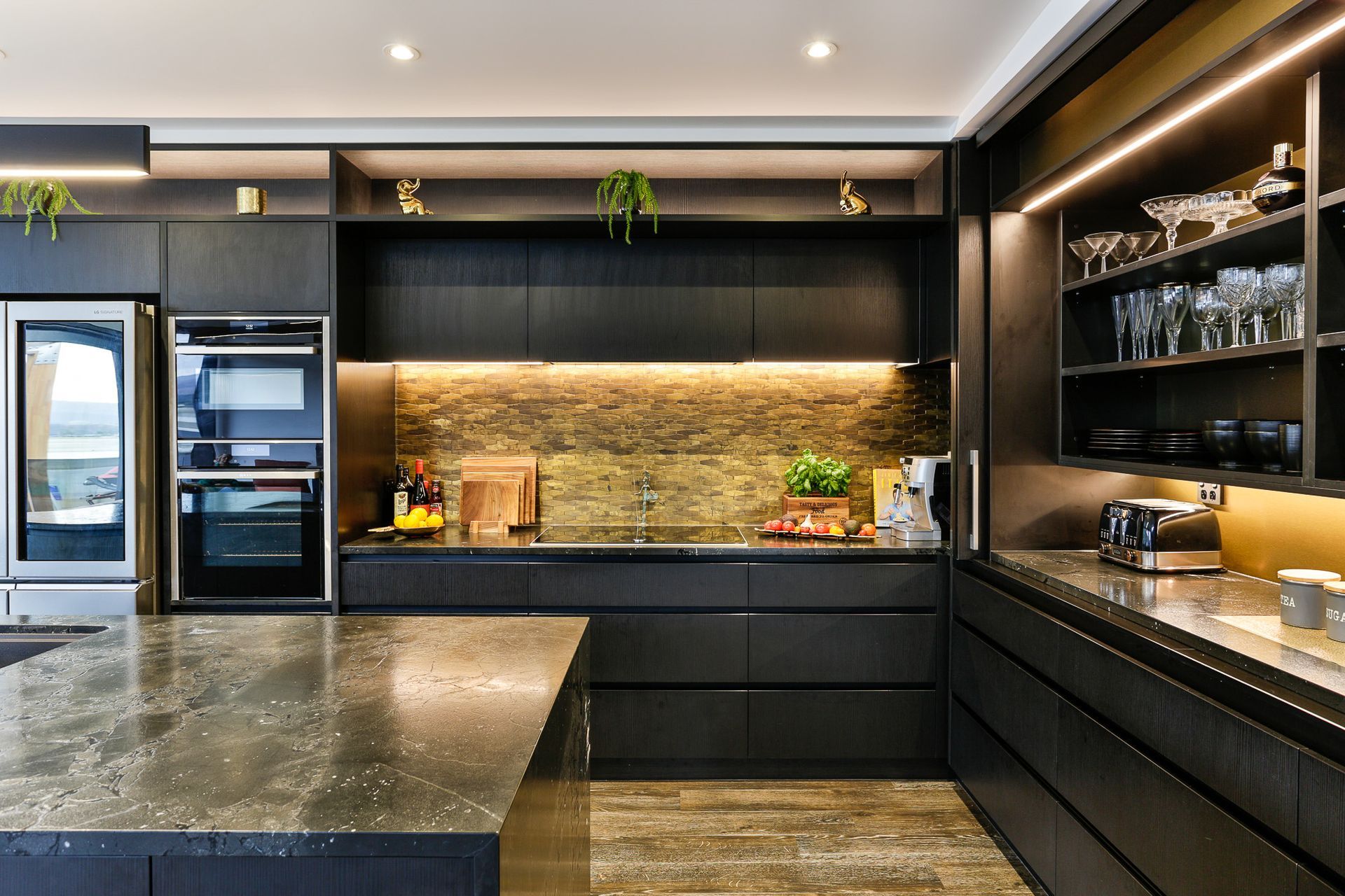 Bestwood Melamine, Black Wilderness. Design by Carly Mohan-Druce, Mastercraft Kitchens Whangamata.
