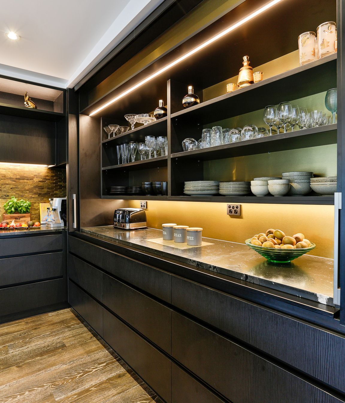 Bestwood Melamine, Black Wilderness. Design by Carly Mohan-Druce, Mastercraft Kitchens Whangamata.