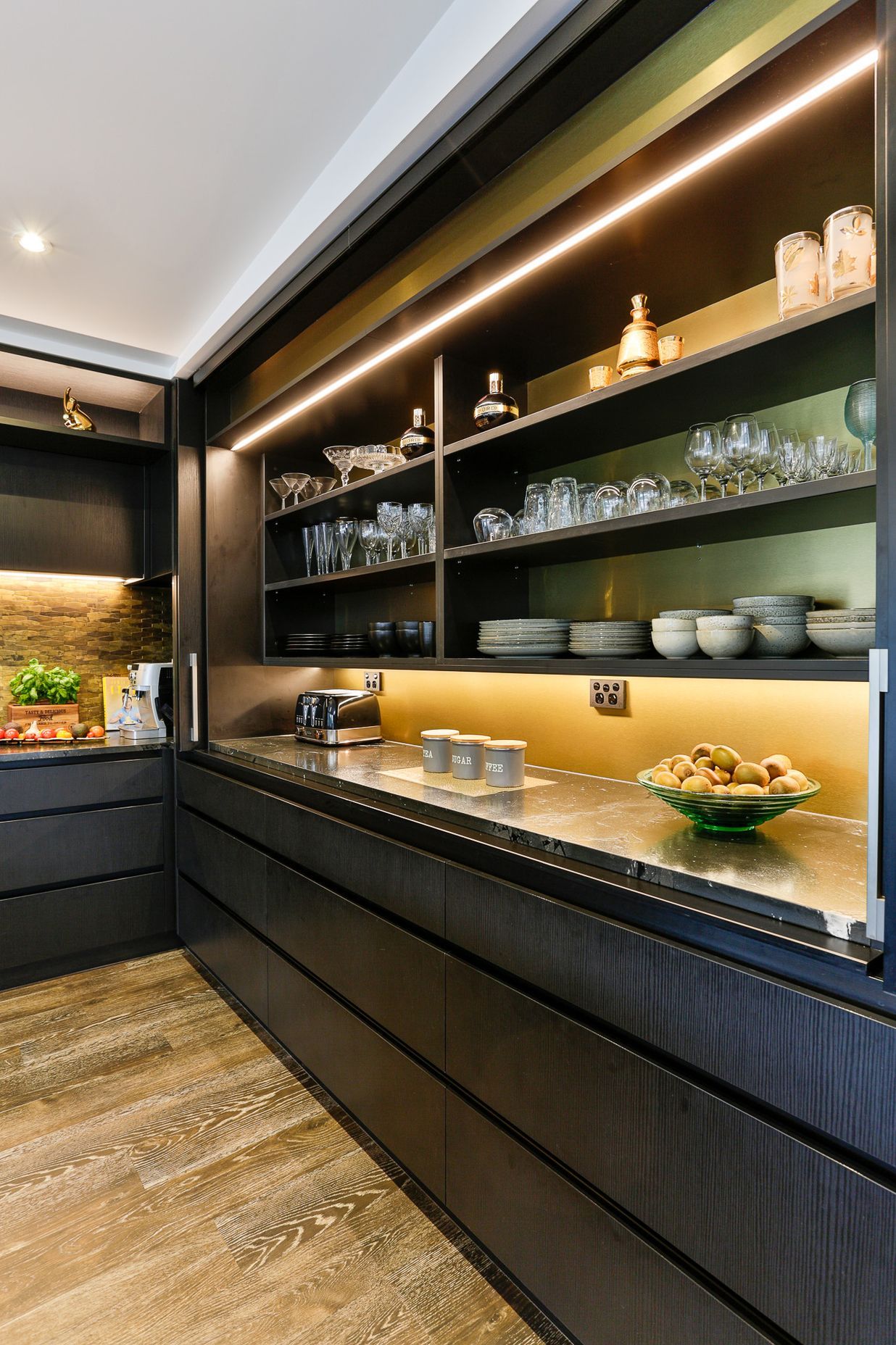 Bestwood Melamine, Black Wilderness. Design by Carly Mohan-Druce, Mastercraft Kitchens Whangamata.