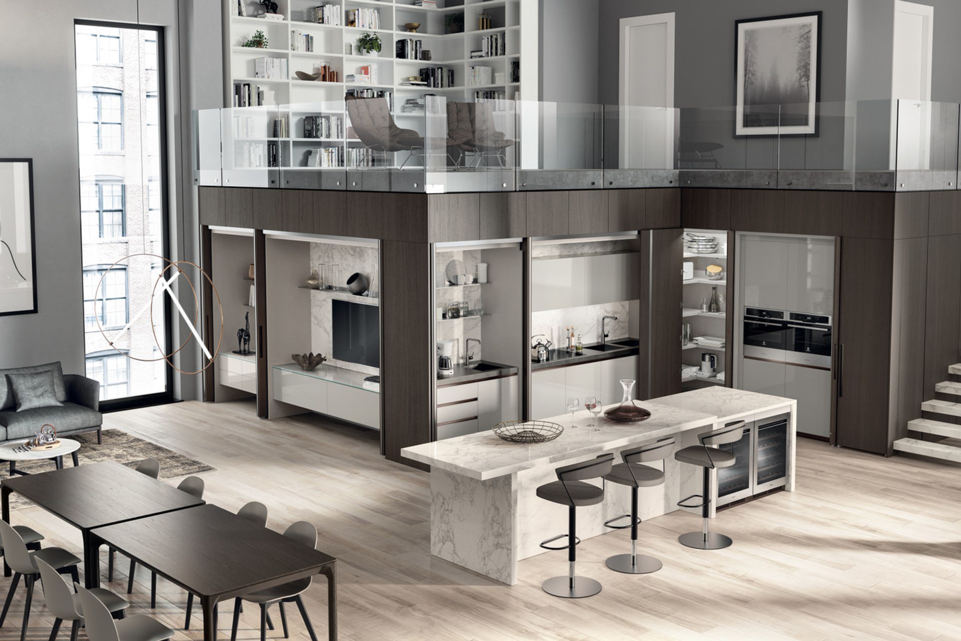 In this configuration too, the BoxLife furnishing collection stylishly provides a smart interior design solution: elegant Oak panels cleverly conceal the operating areas of this generouslysized living room area.