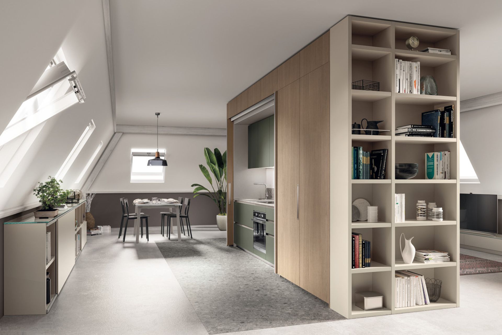 BoxLife makes up the beating heart of this setting: a central block that separates the living room from the sleeping area, making the space highly functional.