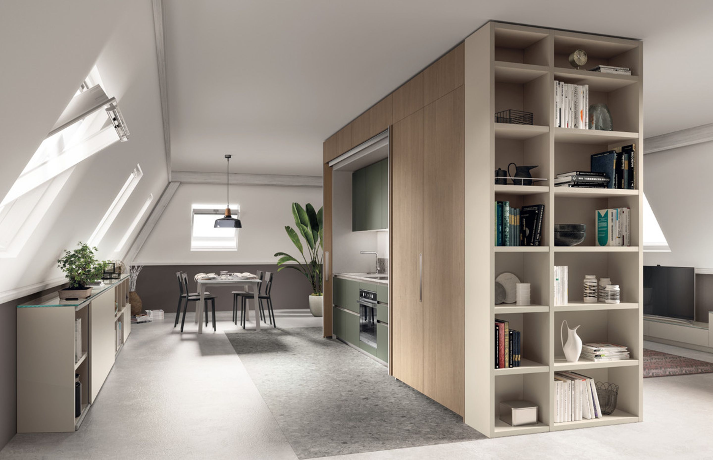 BoxLife makes up the beating heart of this setting: a central block that separates the living room from the sleeping area, making the space highly functional.