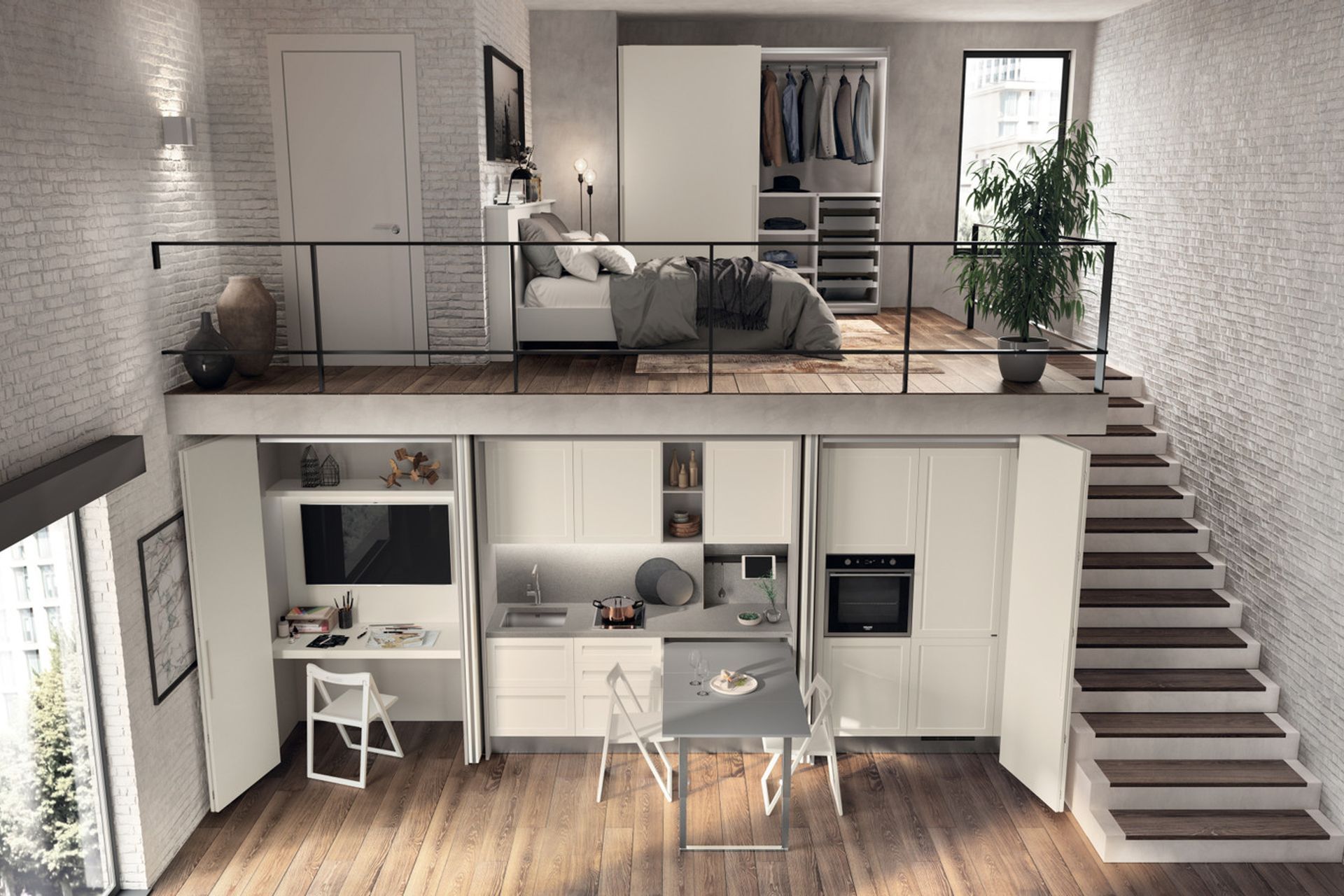  A home on two storeys where the living area is furnished with the BoxLife collection combined with the Carattere kitchen, in Prestige White SCAV 028 matt lacquered finish; the sleeping area is equipped with wardrobe cabinets with sliding doors and inner accessories in metal grey finish.
