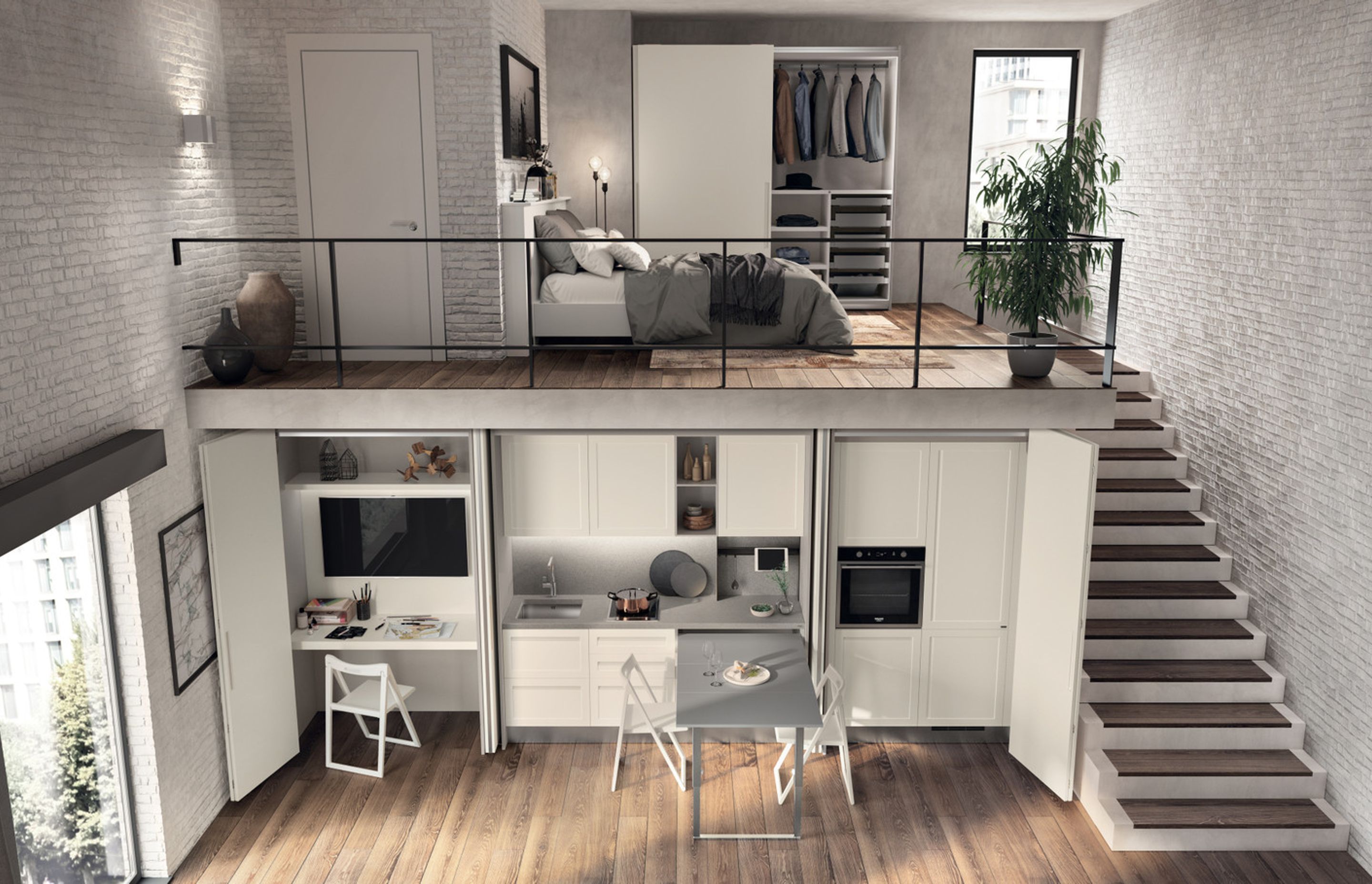 A home on two storeys where the living area is furnished with the BoxLife collection combined with the Carattere kitchen, in Prestige White SCAV 028 matt lacquered finish; the sleeping area is equipped with wardrobe cabinets with sliding doors and inner accessories in metal grey finish.