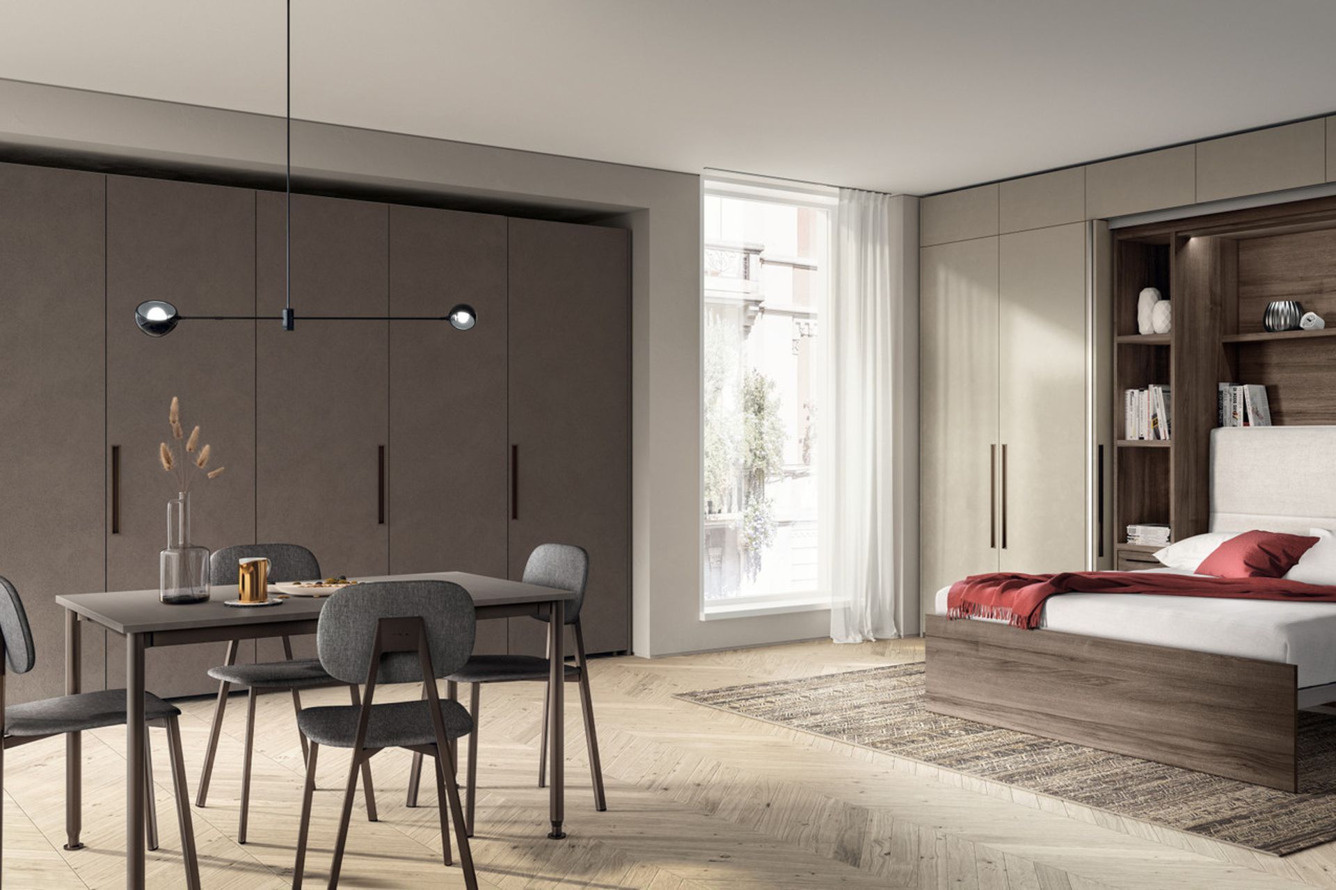 Even in a small apartment, you can feel at home without foregoing comfort: simply hide away to organise the available space best, thus distinguishing the living area from the sleeping area.