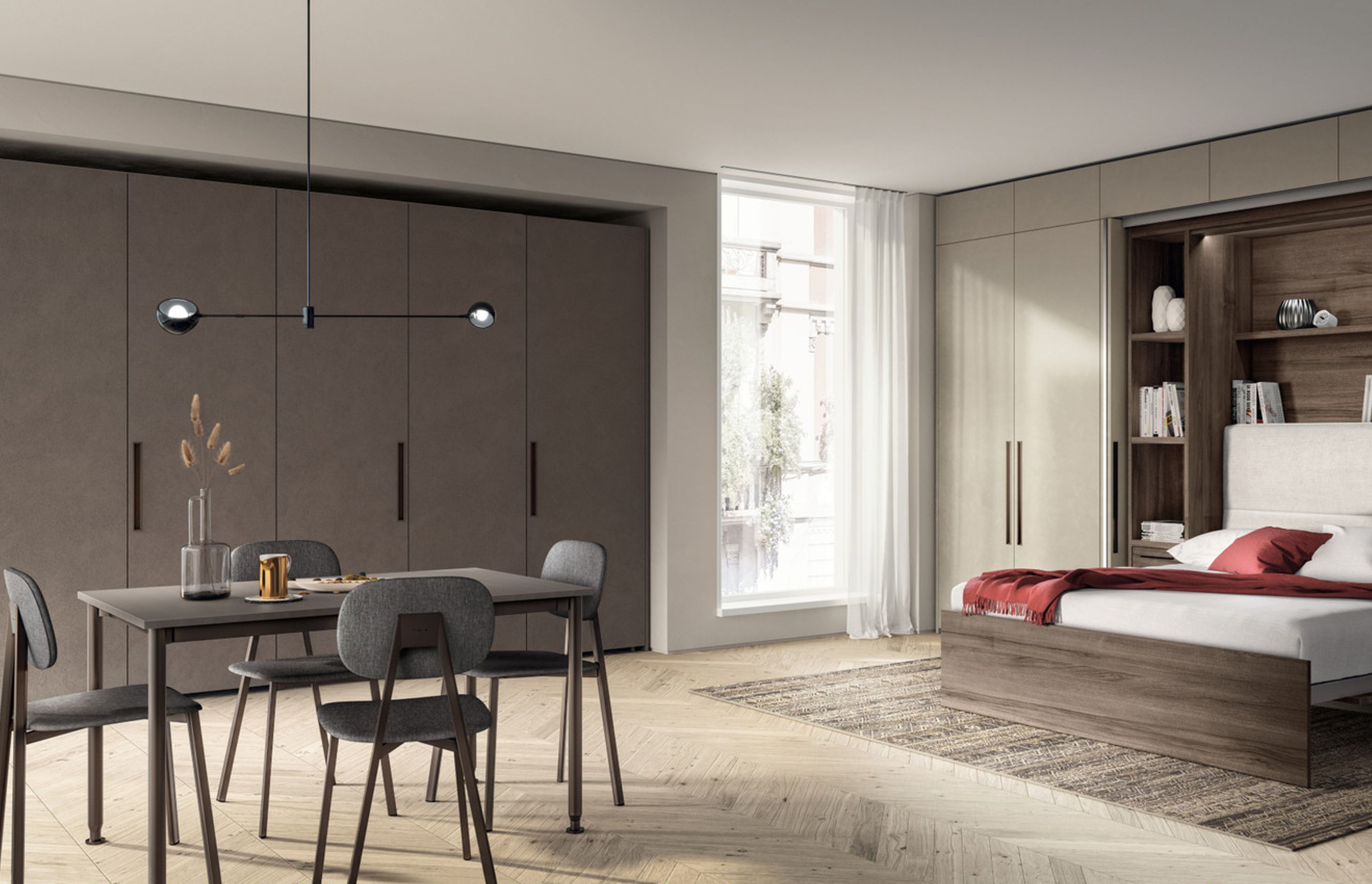 Even in a small apartment, you can feel at home without foregoing comfort: simply hide away to organise the available space best, thus distinguishing the living area from the sleeping area.
