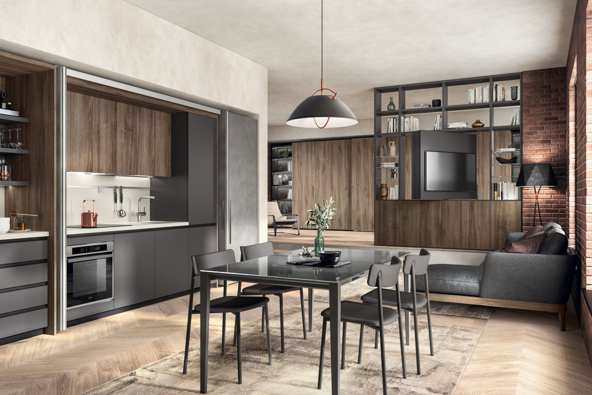 The BoxLife furnishing collection manages to adapt to the various different requirements of contemporary life: in this configuration it furnishes a loft where all the everyday activities are gathered, by day and by night, while retaining a superior aesthetic and functional standard in every detail.