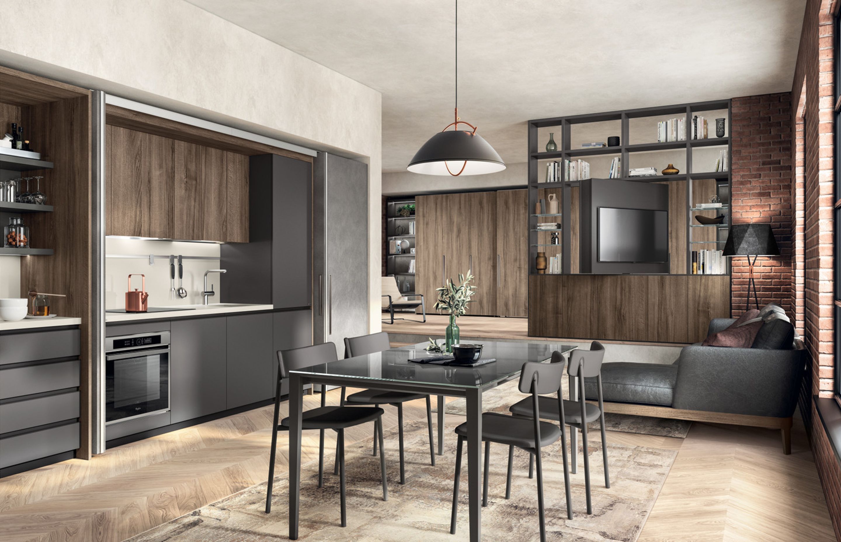 The BoxLife furnishing collection manages to adapt to the various different requirements of contemporary life: in this configuration it furnishes a loft where all the everyday activities are gathered, by day and by night, while retaining a superior aesthetic and functional standard in every detail.