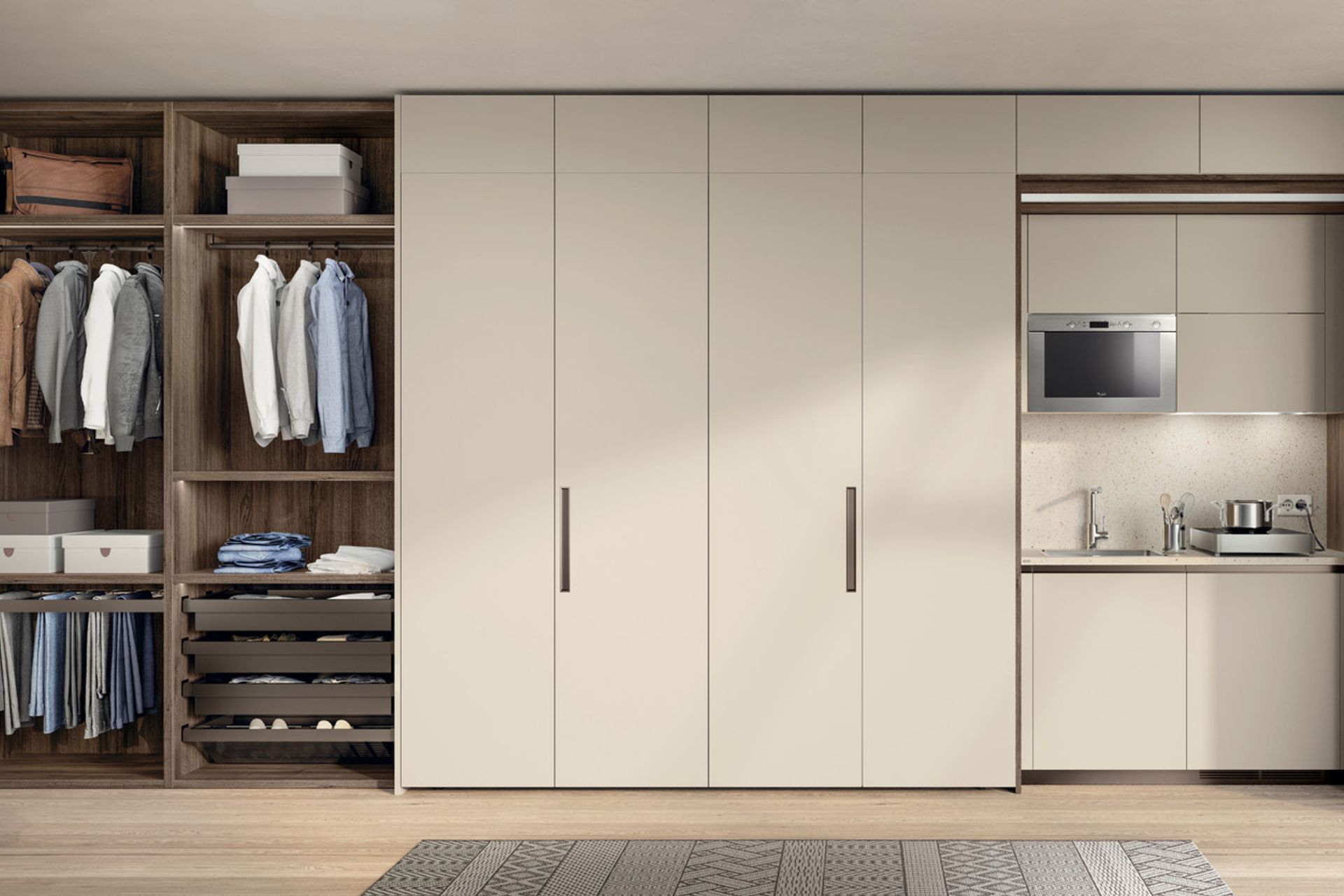 A studio flat with a small cooking area, perfect for students or young commuter workers. In this context too, BoxLife offers attractive solutions for the living area and the sleeping area. The strength lies in the foldaway bunk bed solution.