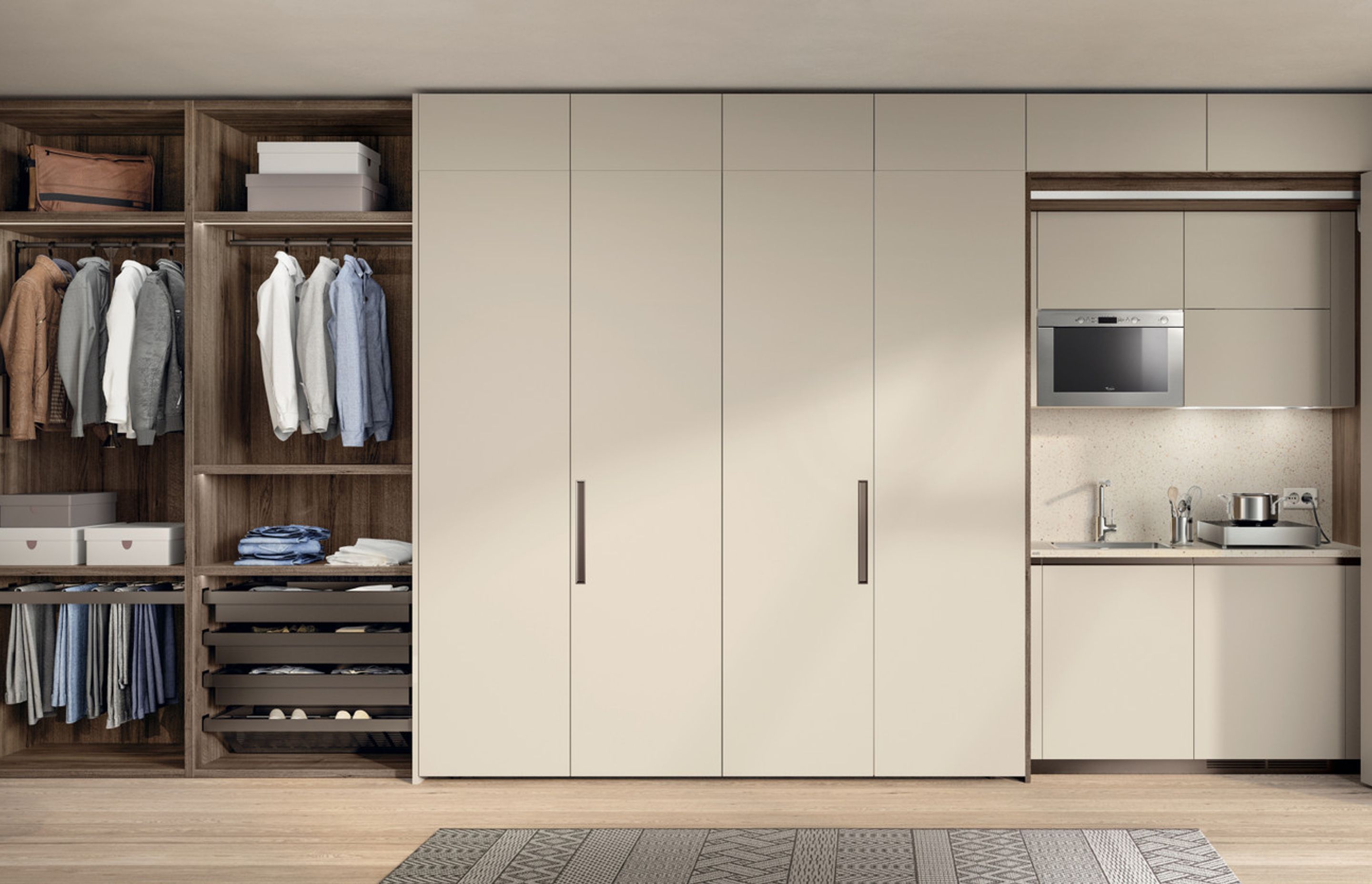 A studio flat with a small cooking area, perfect for students or young commuter workers. In this context too, BoxLife offers attractive solutions for the living area and the sleeping area. The strength lies in the foldaway bunk bed solution.